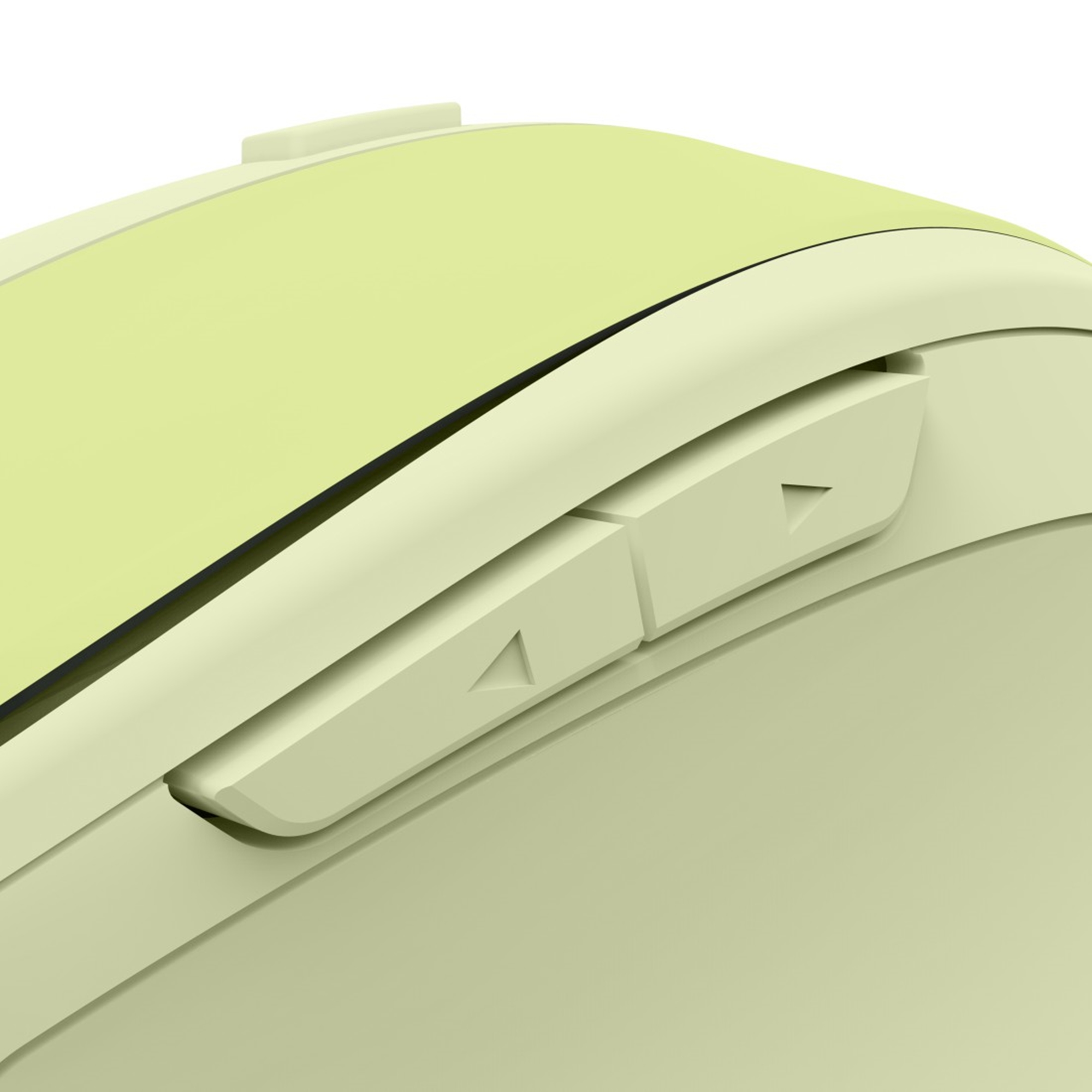Primo piano di un mouse per computer verde chiaro. Il mouse ha due pulsanti e una rotella.