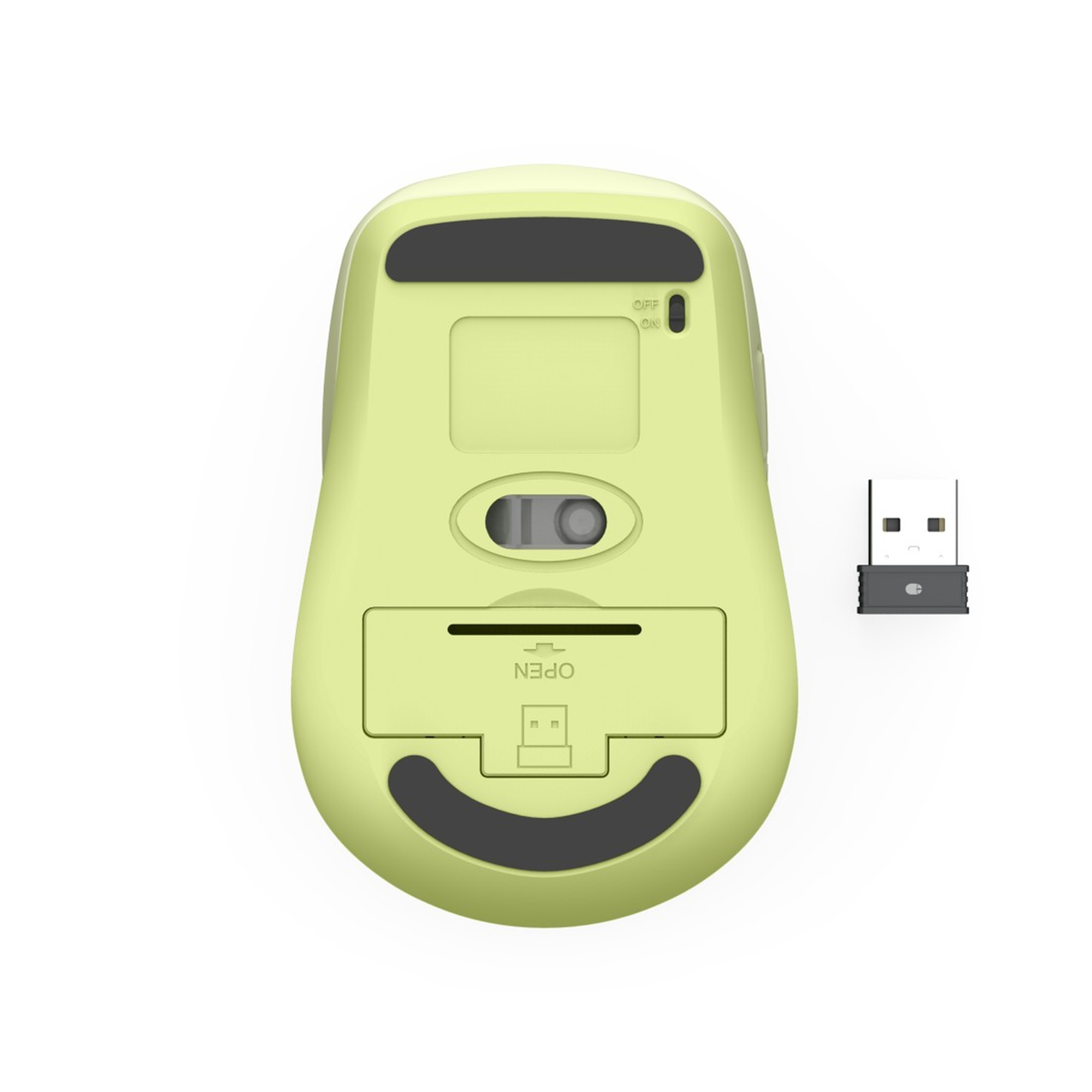 Unteransicht einer limettengrünen kabellosen Maus mit schwarzen Akzenten und einem USB-Empfänger auf weißem Hintergrund.