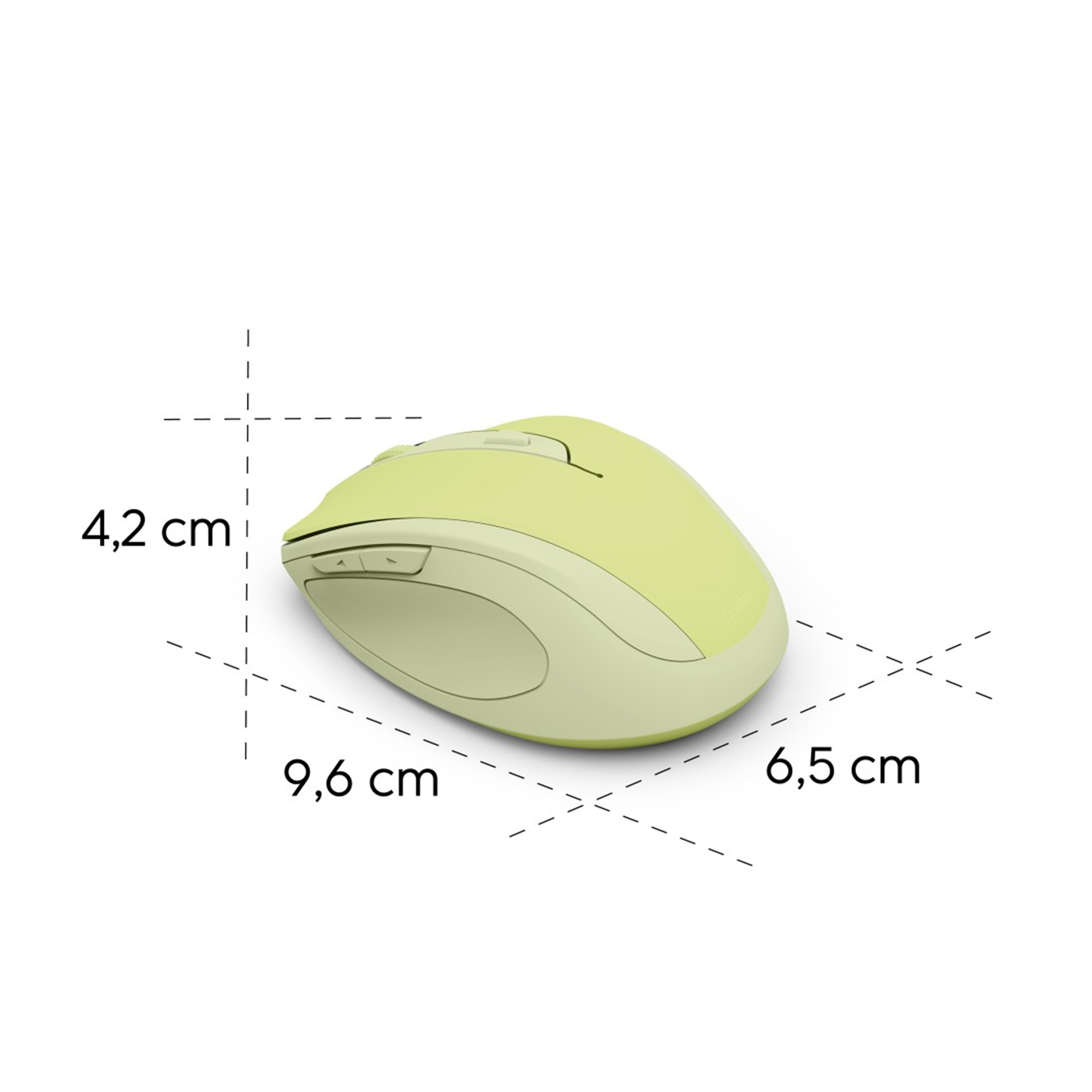 Un mouse wireless verde chiaro, dimensioni etichettate in centimetri, su sfondo bianco.