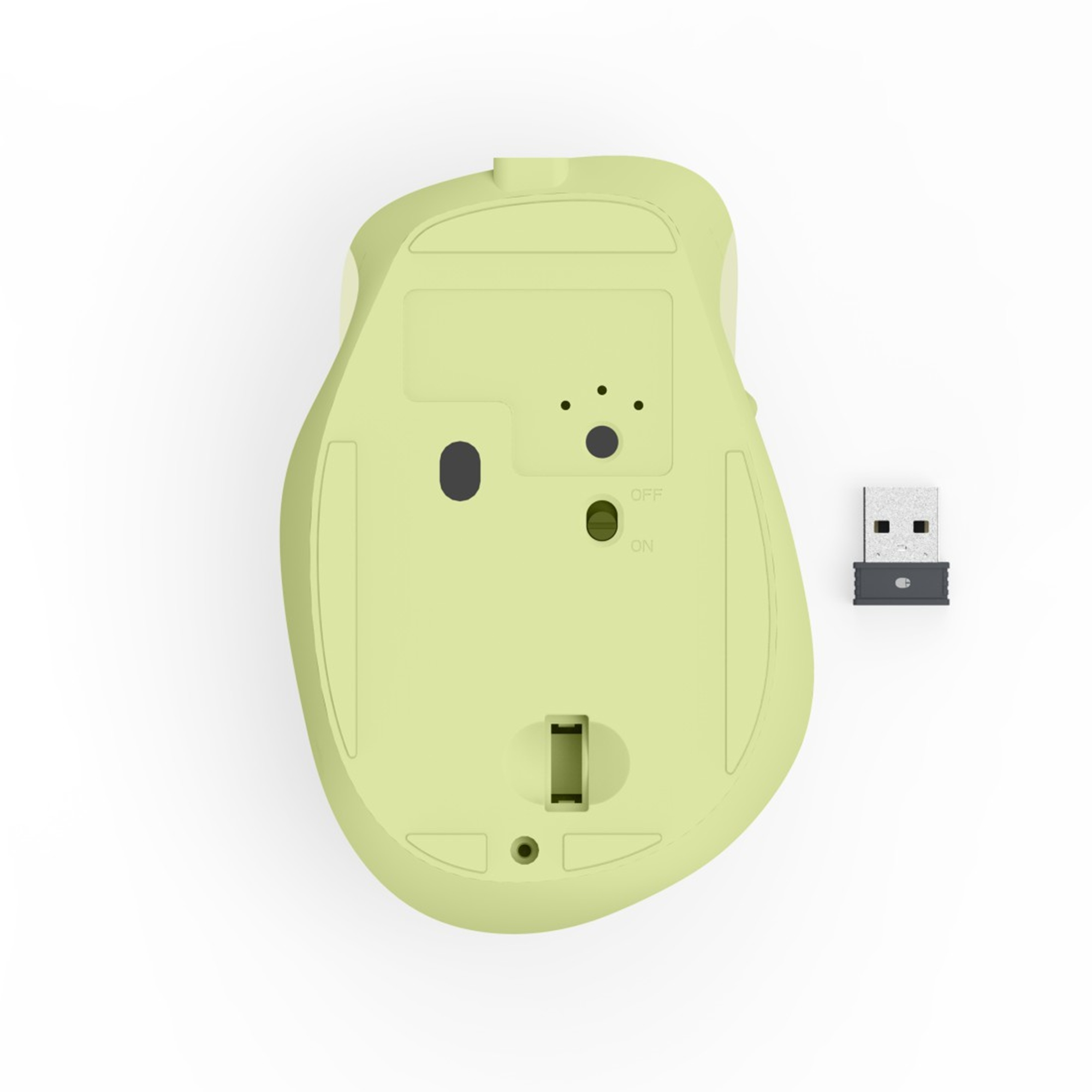 Unteransicht einer hellgrünen drahtlosen Maus und eines USB-Empfängers auf weißem Hintergrund.