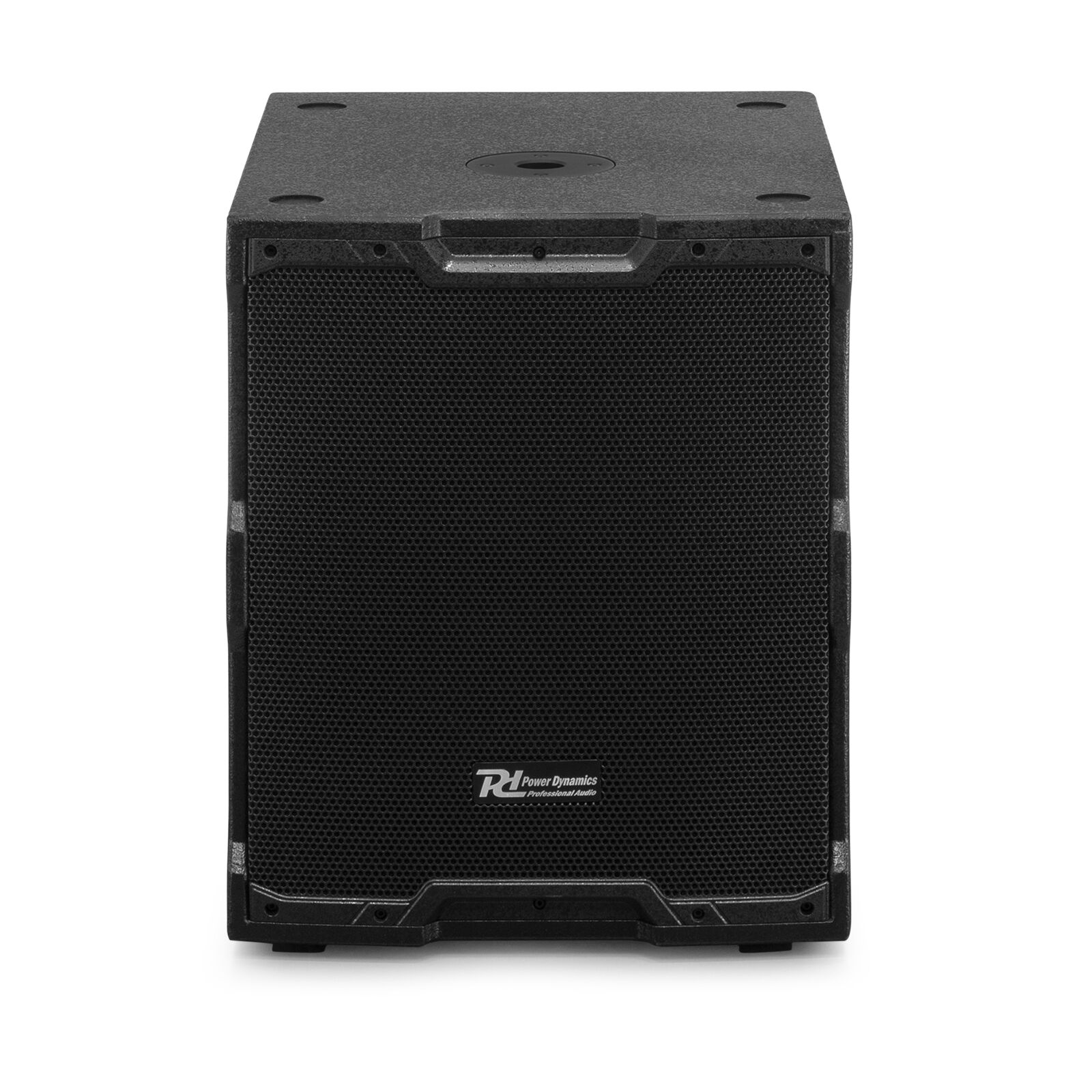 Un altavoz subwoofer negro, de forma rectangular, con una malla frontal y el logotipo de Power Dynamics, sobre un fondo blanco.