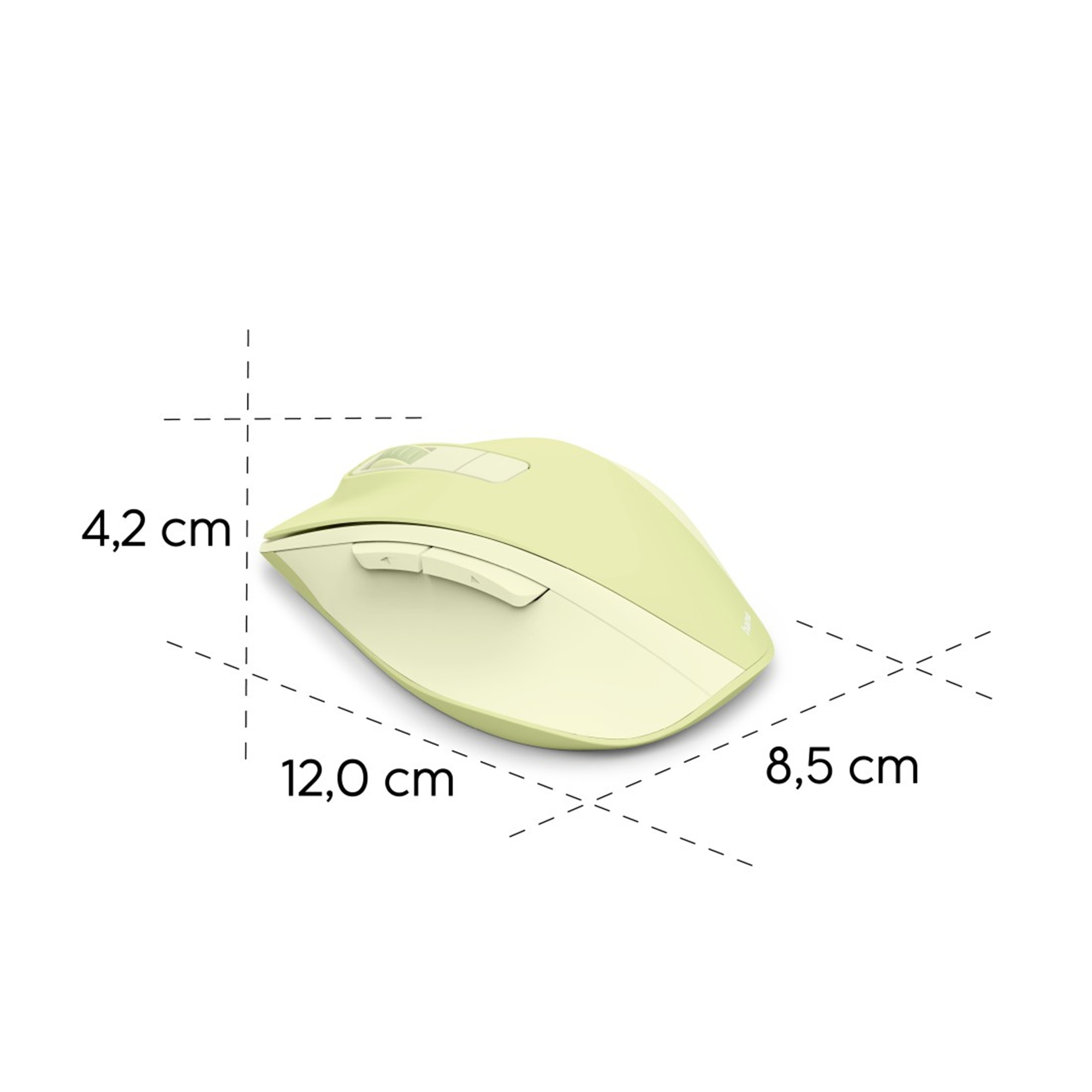 Eine hellgrüne kabellose Maus. Die Abmessungen betragen 12,0 x 8,5 x 4,2 cm. Die Maus hat Tasten und ein Scrollrad.