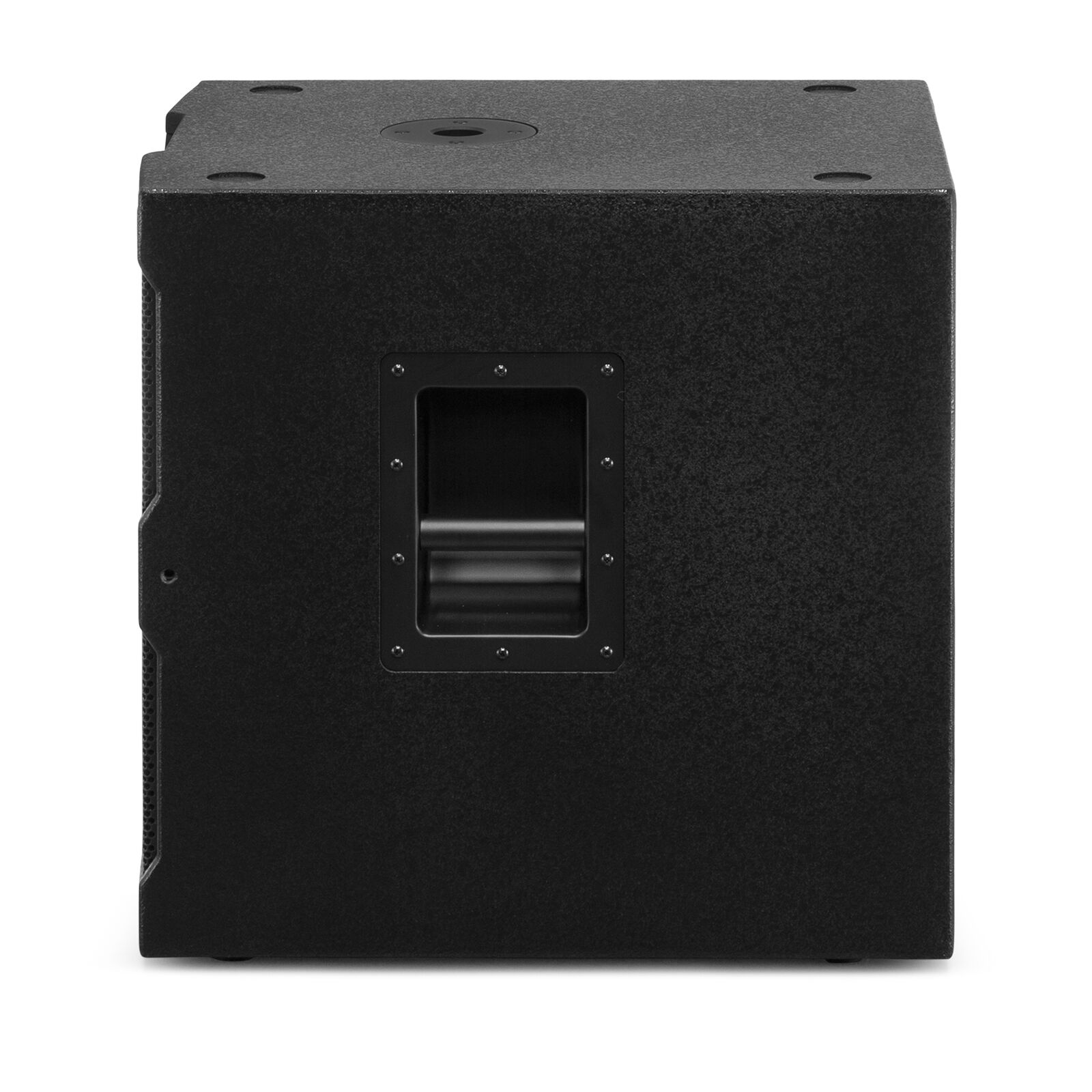 Un altavoz subwoofer negro y rectangular, con asa lateral, aislado sobre fondo blanco.