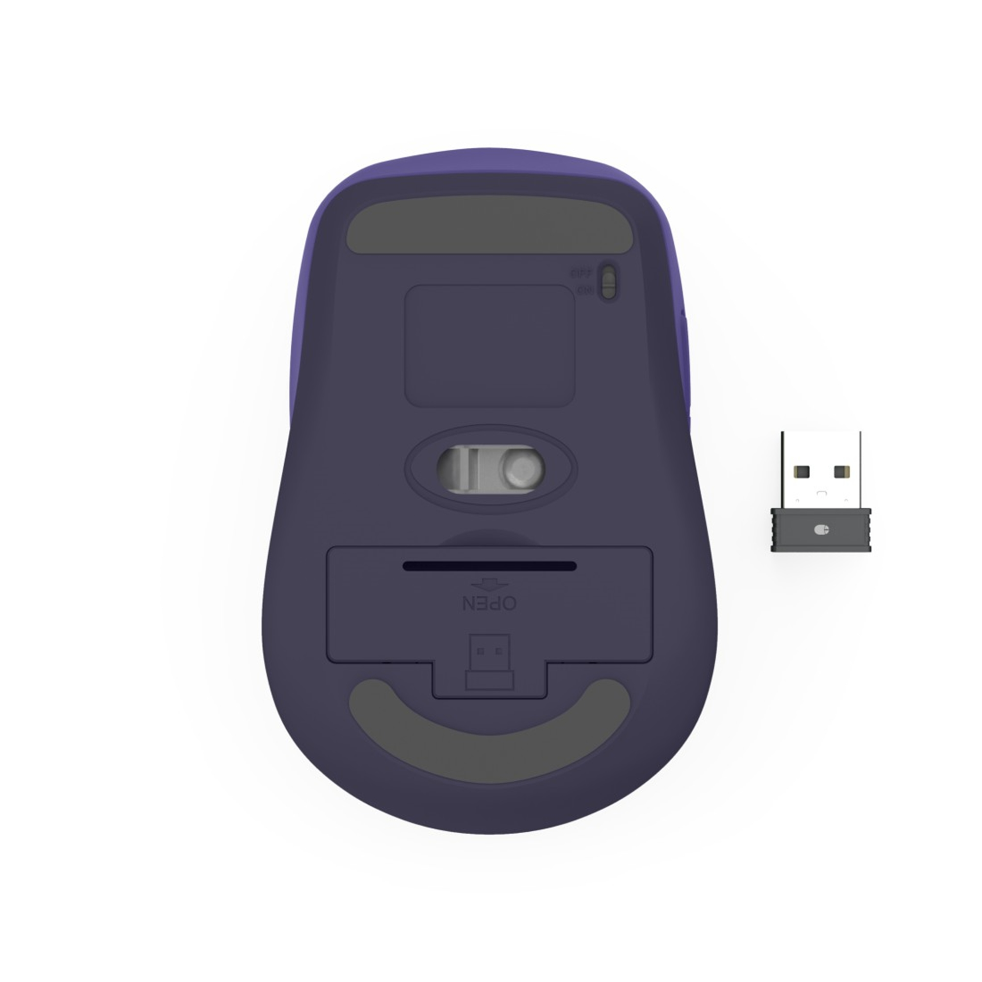 Drahtlose lila Maus von unten mit USB-Empfänger. Enthält Ein/Aus-Schalter, Batteriefach und Sensor.