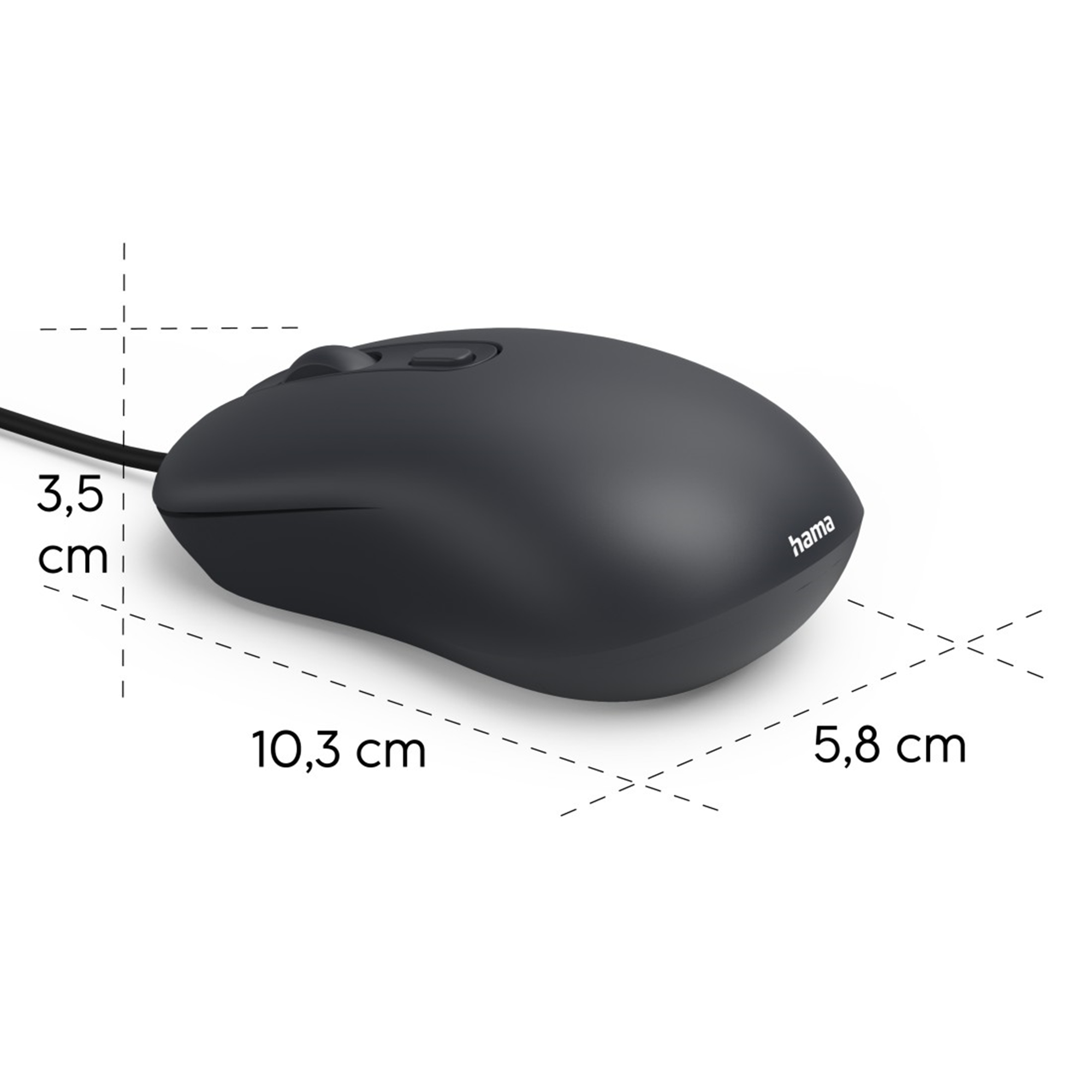 Un mouse Hama nero con dimensioni indicate. Ha un cavo ed è su sfondo bianco.