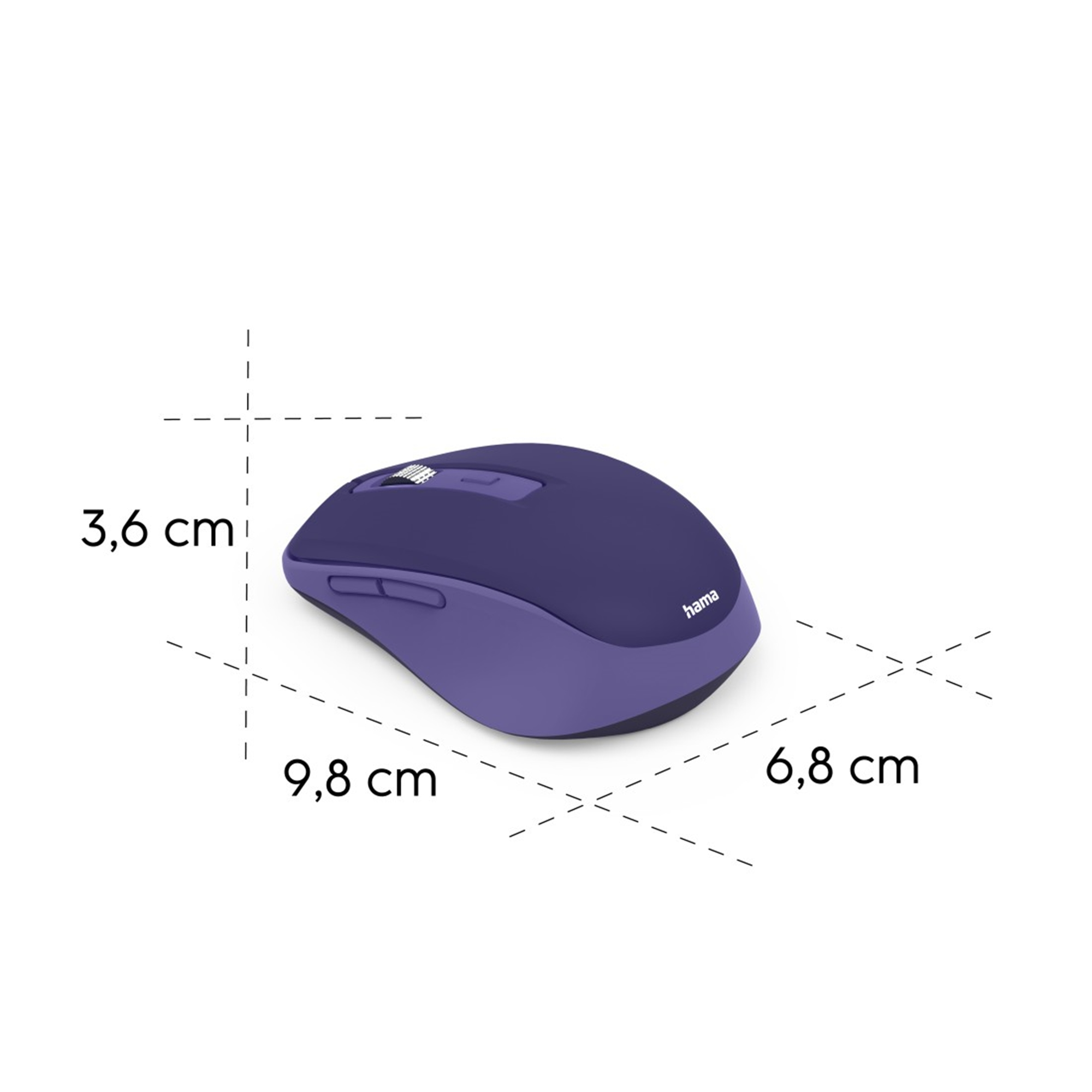 Eine lila-blaue kabellose Maus. Abmessungen: 9,8 cm, 6,8 cm und 3,6 cm. Die Marke ist Hama.