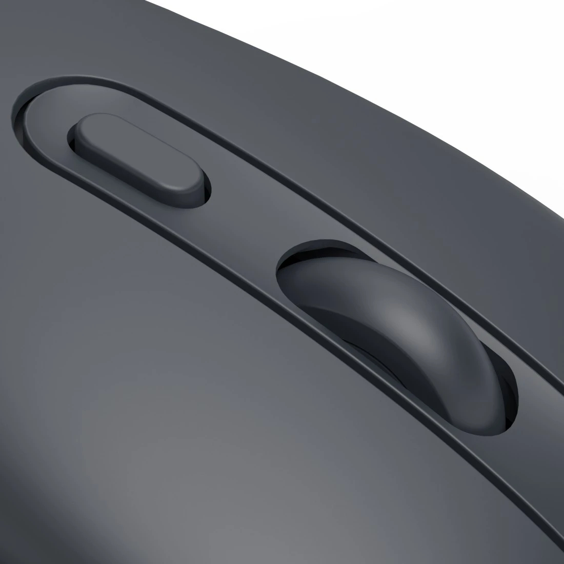 Primo piano di un mouse grigio. L'immagine evidenzia la rotella e il pulsante con un design minimalista.