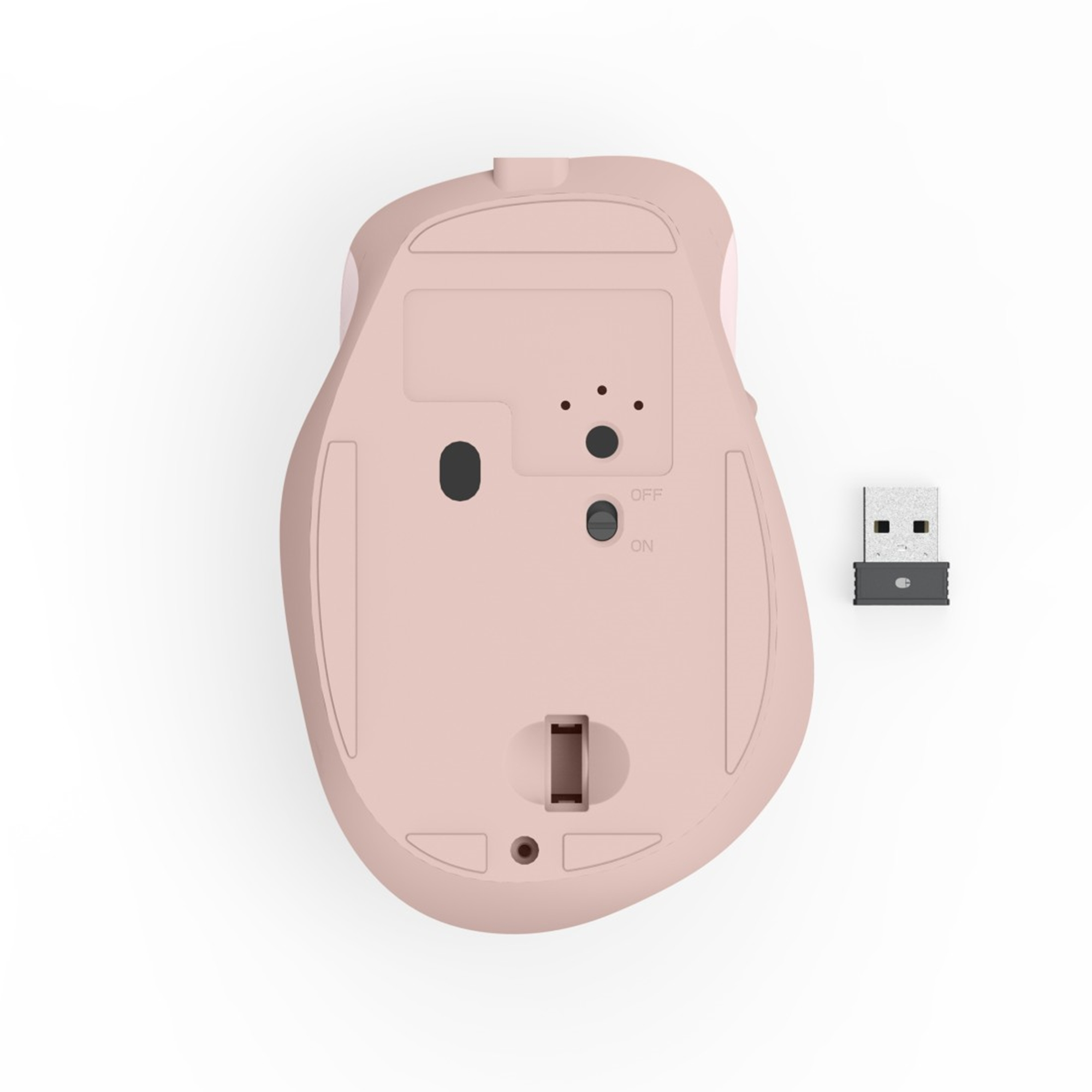 Rosa Computermaus, Unteransicht, mit USB-Empfänger. Die Maus hat einen Ein-/Ausschalter und mehrere Löcher.