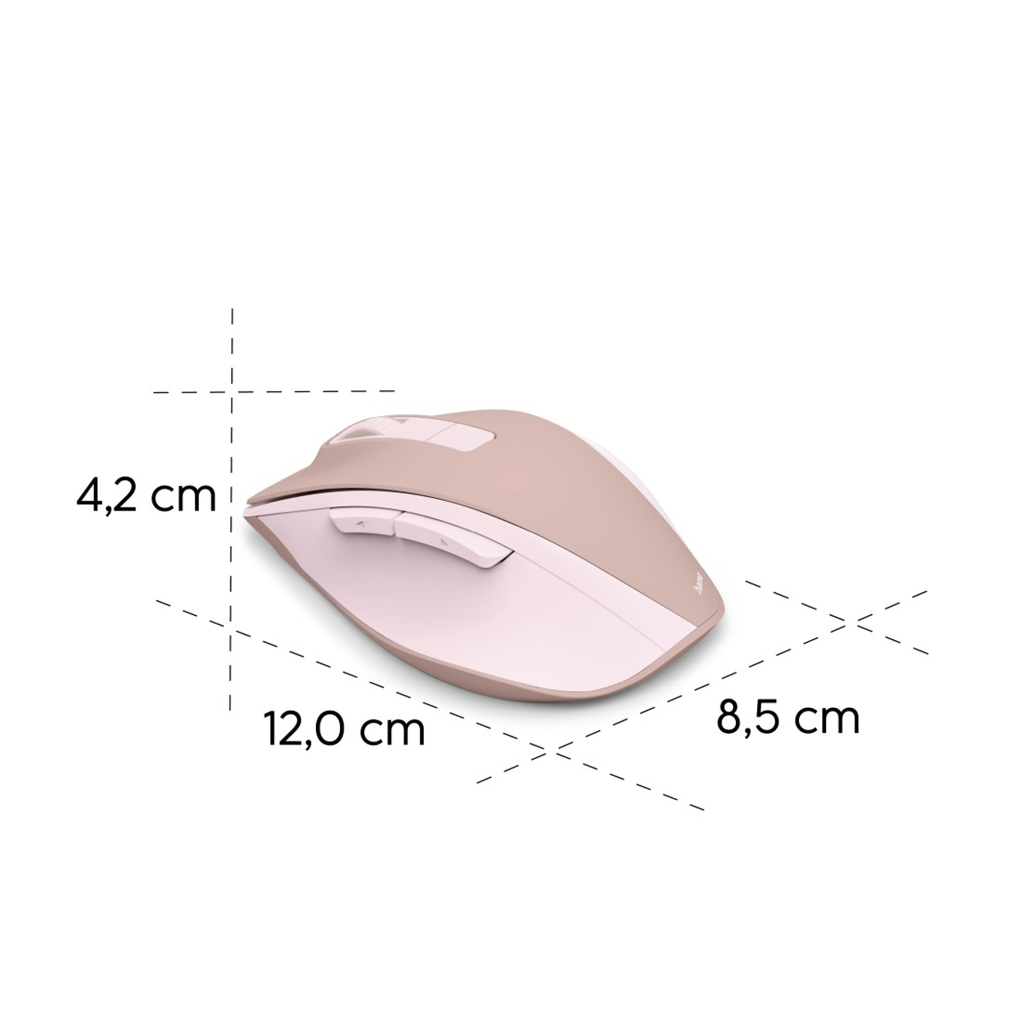 Eine beige und weiße drahtlose Maus wird gezeigt. Abmessungen: 12,0 cm, 8,5 cm und 4,2 cm.