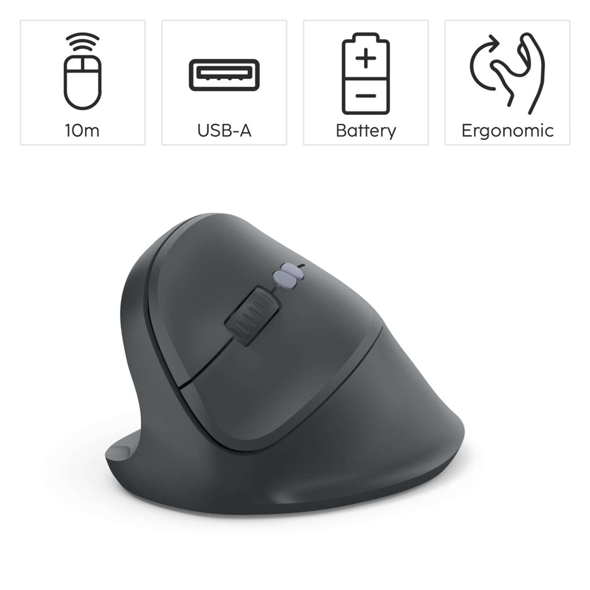 Un mouse verticale ergonomico grigio. La parte superiore mostra pulsanti e scorrimento. Wireless, USB-A, a batteria.