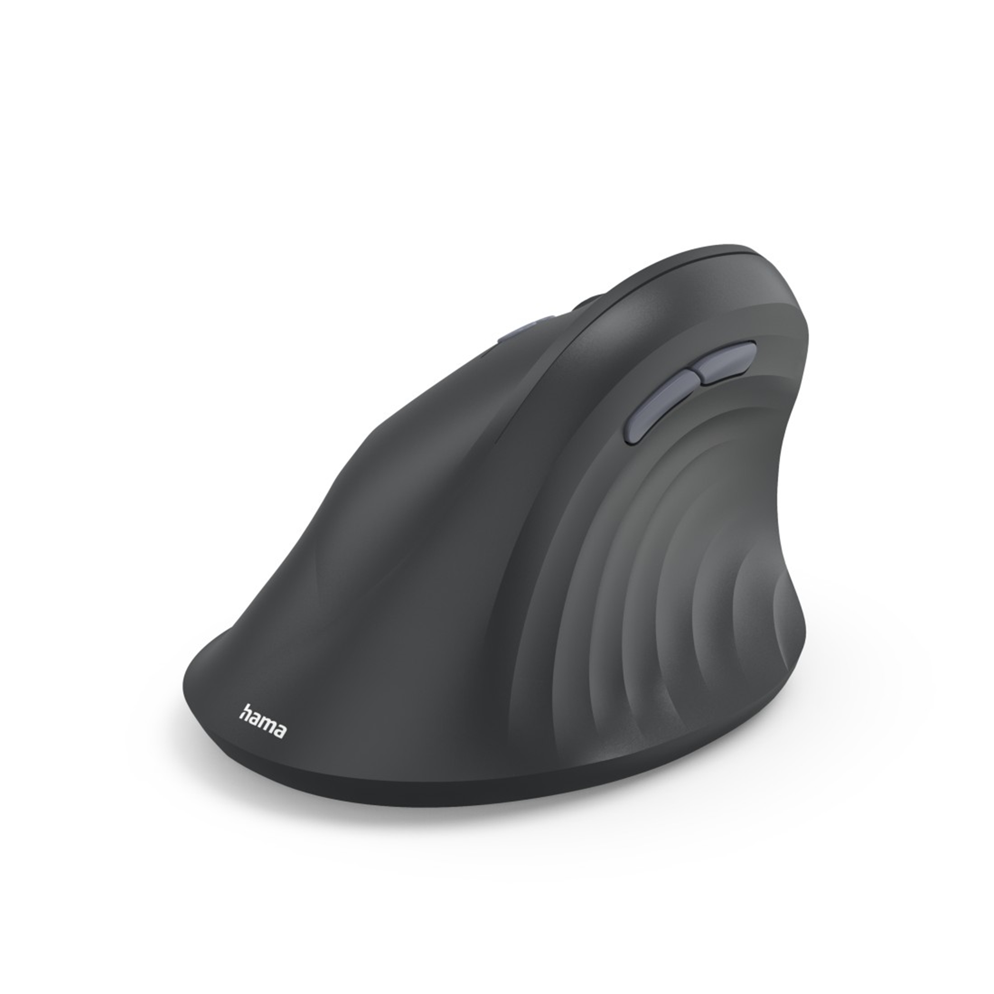 Un mouse per computer ergonomico grigio. Ha un design verticale con pulsanti laterali e il logo 'hama'.