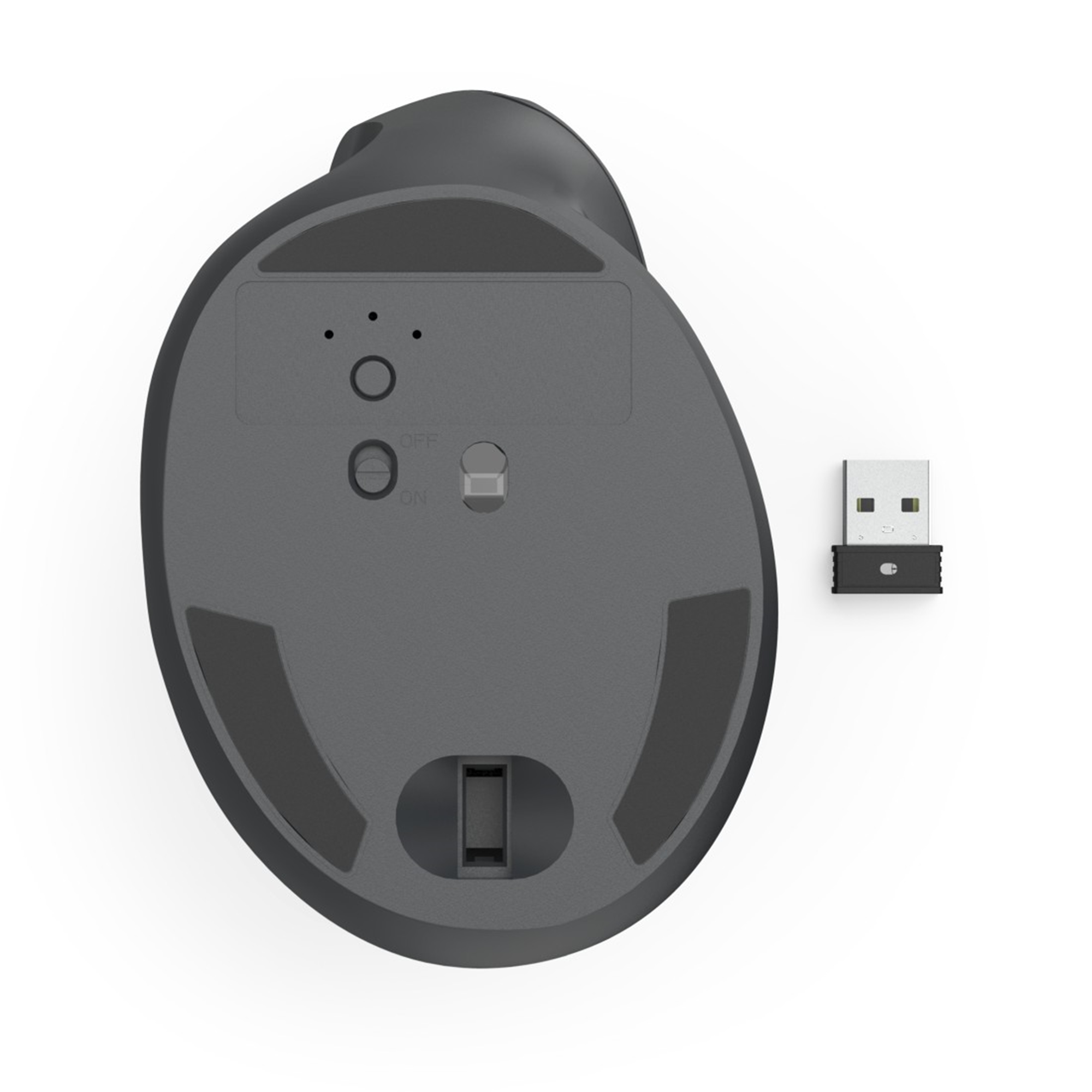 Vista inferiore di un mouse ergonomico grigio con ricevitore USB. Il mouse ha un interruttore on/off.