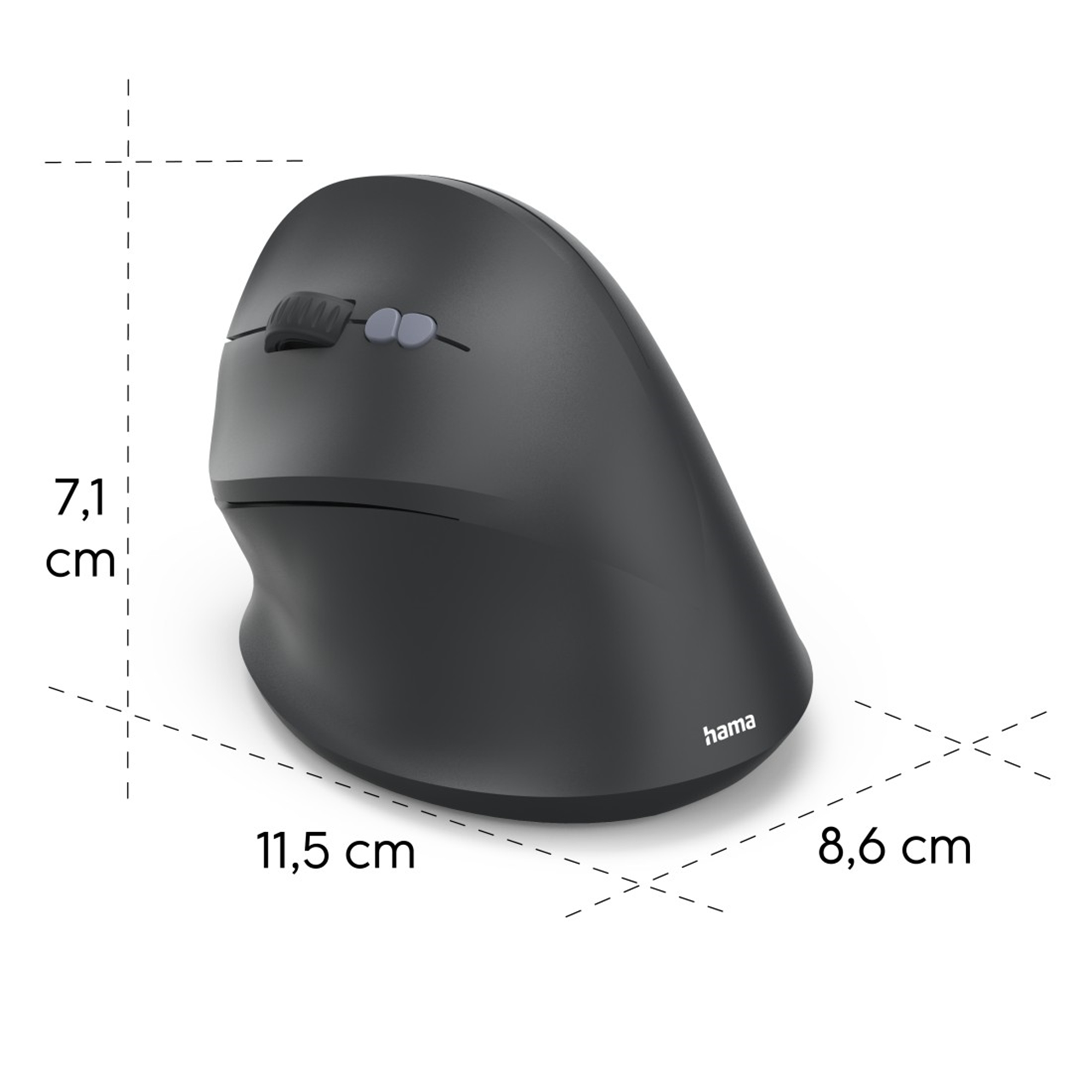 Un mouse ergonomico nero, dimensioni 11,5 cm x 8,6 cm x 7,1 cm, con rotella e pulsanti. Il marchio è visibile.
