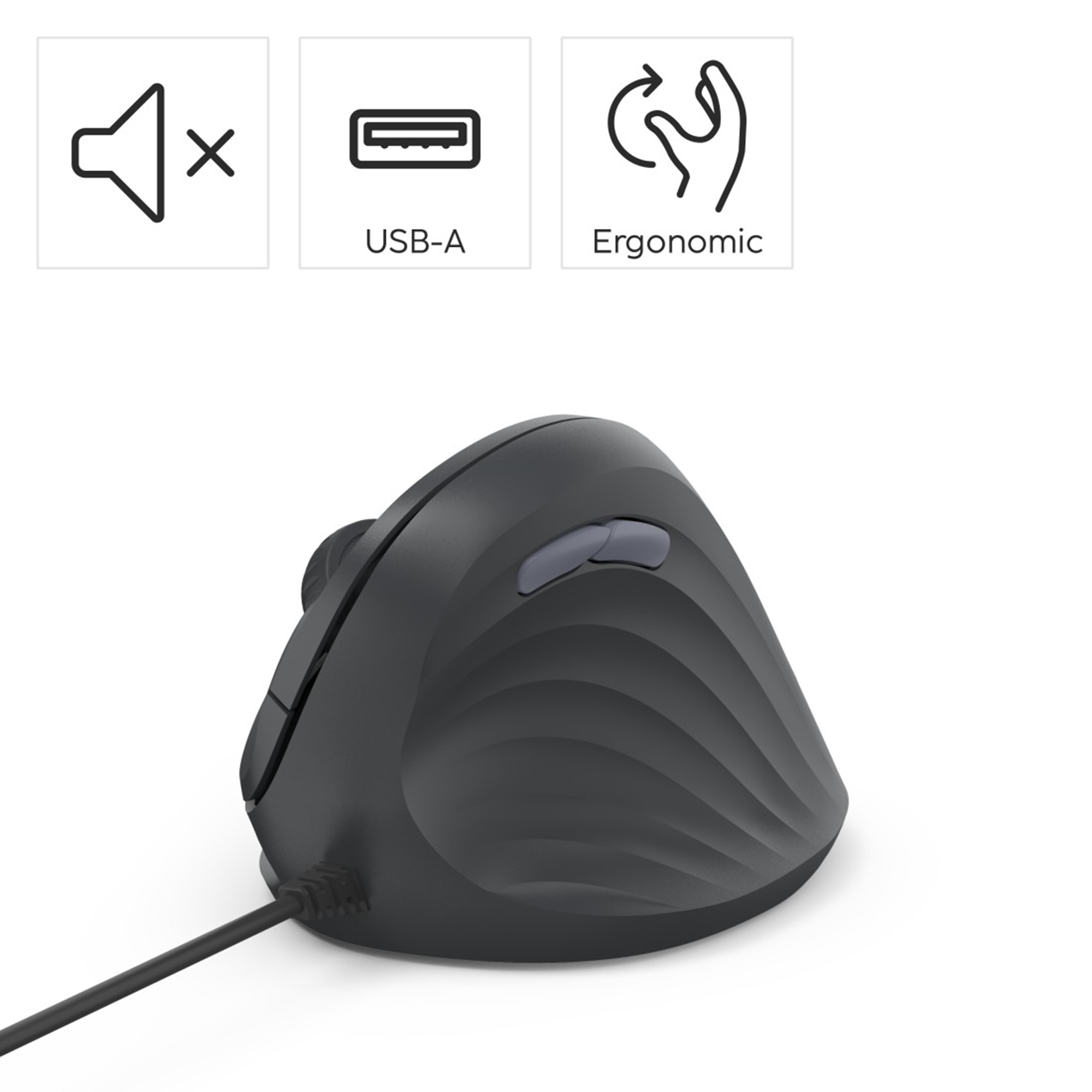 Eine ergonomische, graue vertikale Maus mit USB-A-Anschluss. Symbole zeigen Stummschaltung, USB-A und ergonomisches Design.