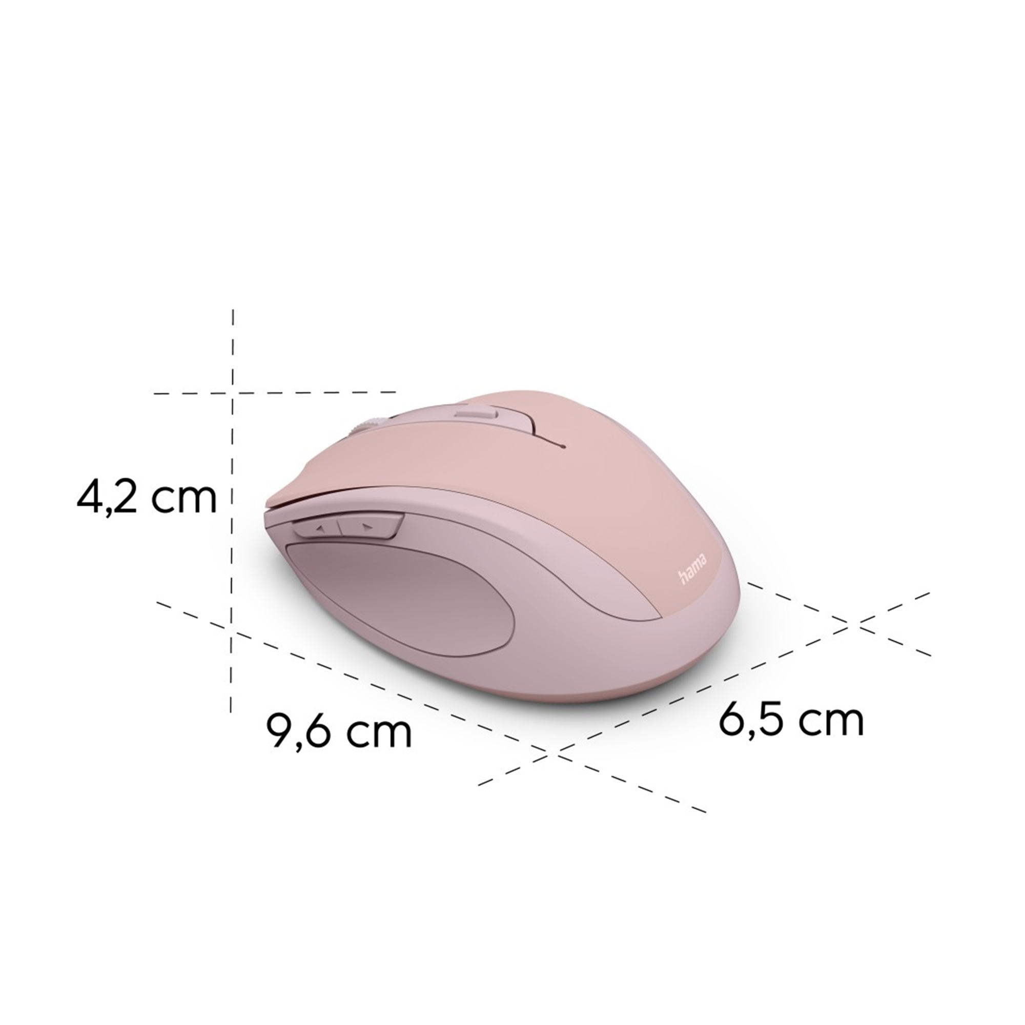 Un mouse wireless rosa con dimensioni indicate. Ha pulsanti laterali e il logo 'hama'.