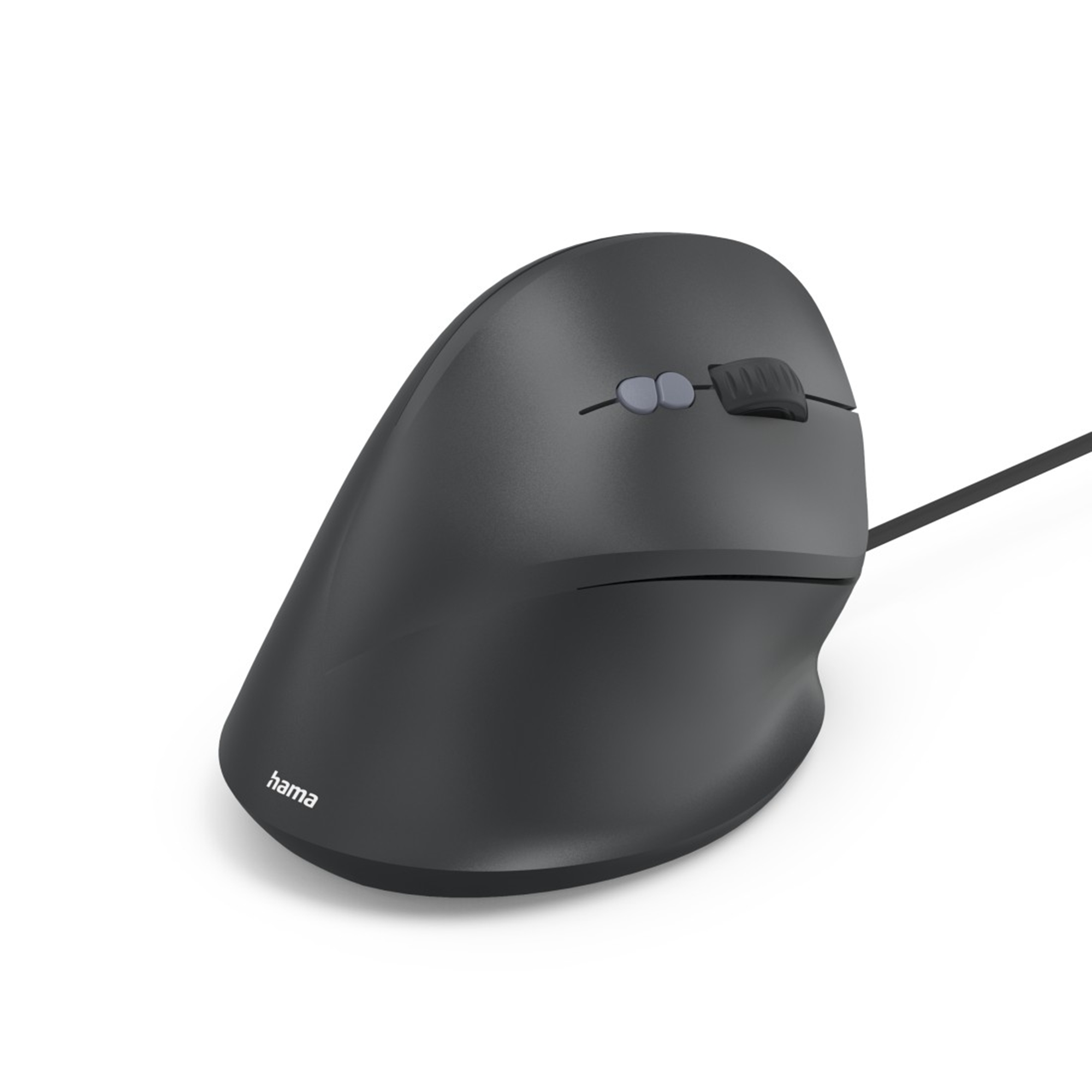 Schwarze ergonomische Computermaus mit Tasten und Scrollrad. Das Hama-Logo ist sichtbar.