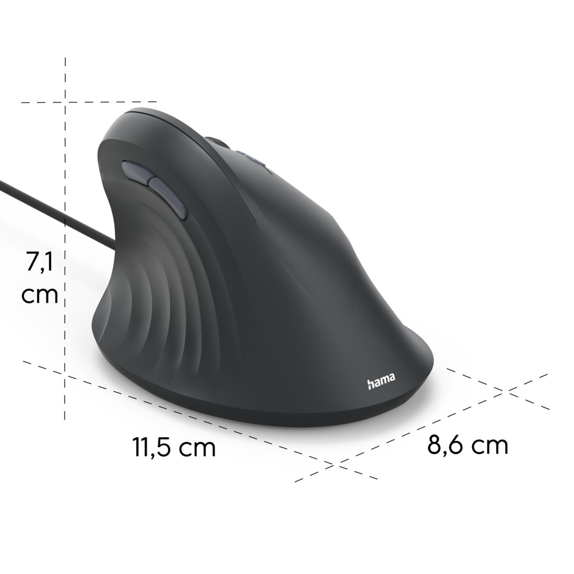 Eine schwarze ergonomische Computermaus. Abmessungen: 11,5 cm lang, 8,6 cm breit und 7,1 cm hoch. Die Marke ist Hama.