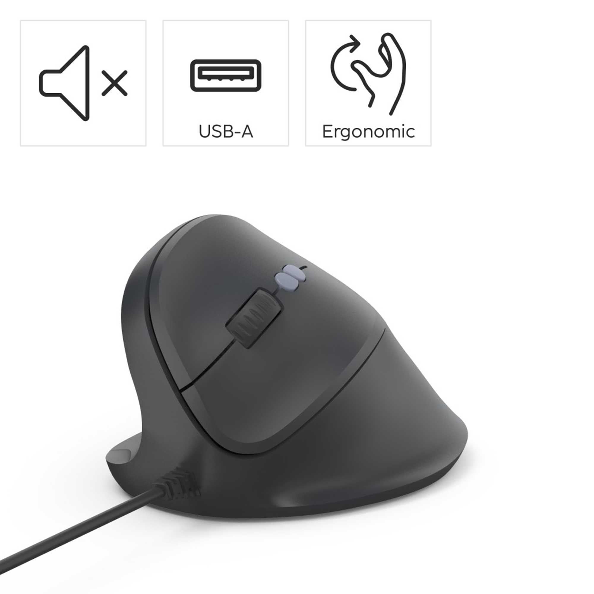 Ratón ergonómico vertical en gris. Iconos de silencio, USB-A y diseño ergonómico arriba. El ratón tiene cable.