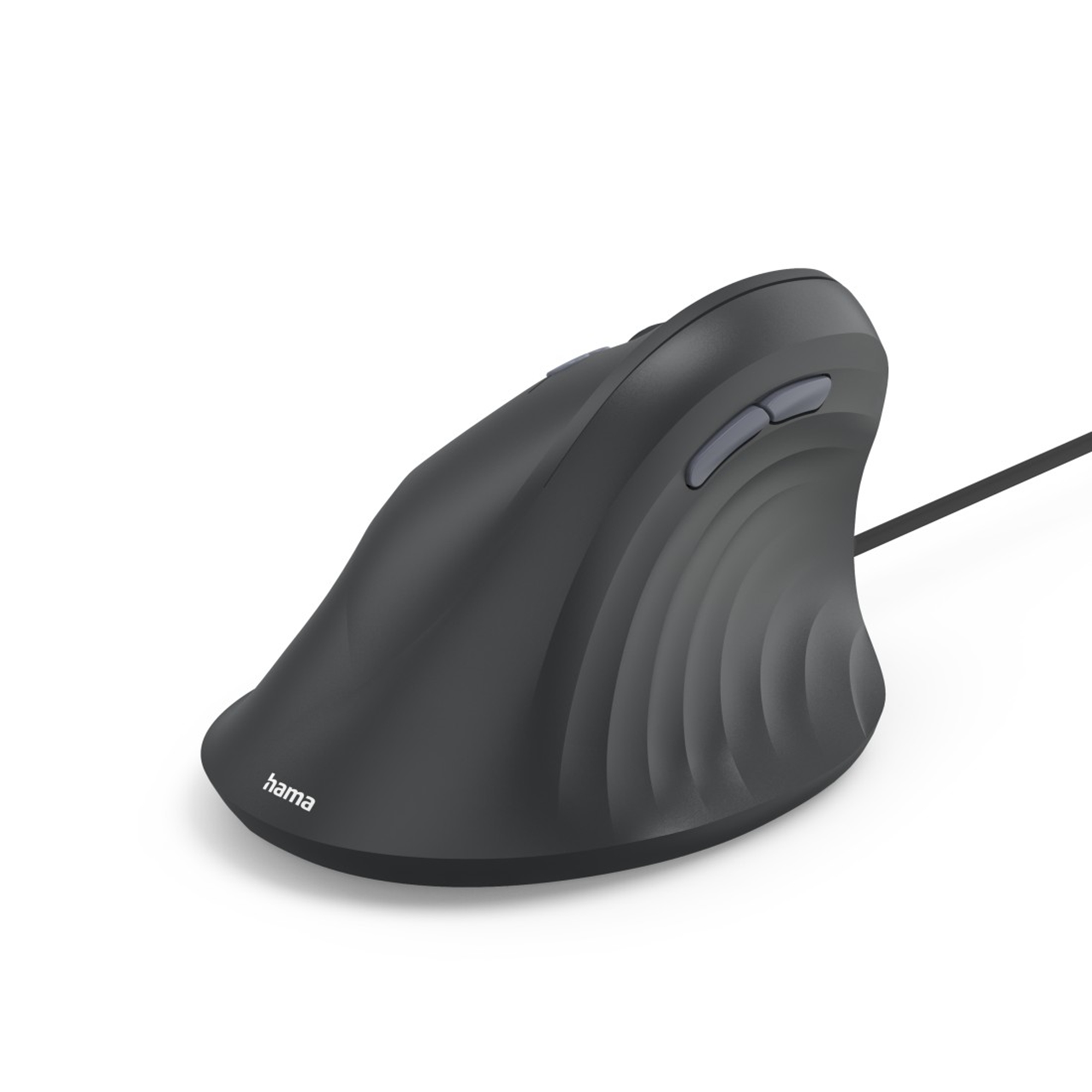 Un ratón de ordenador gris ergonómico, diseño vertical, botones y cable, sobre fondo blanco.