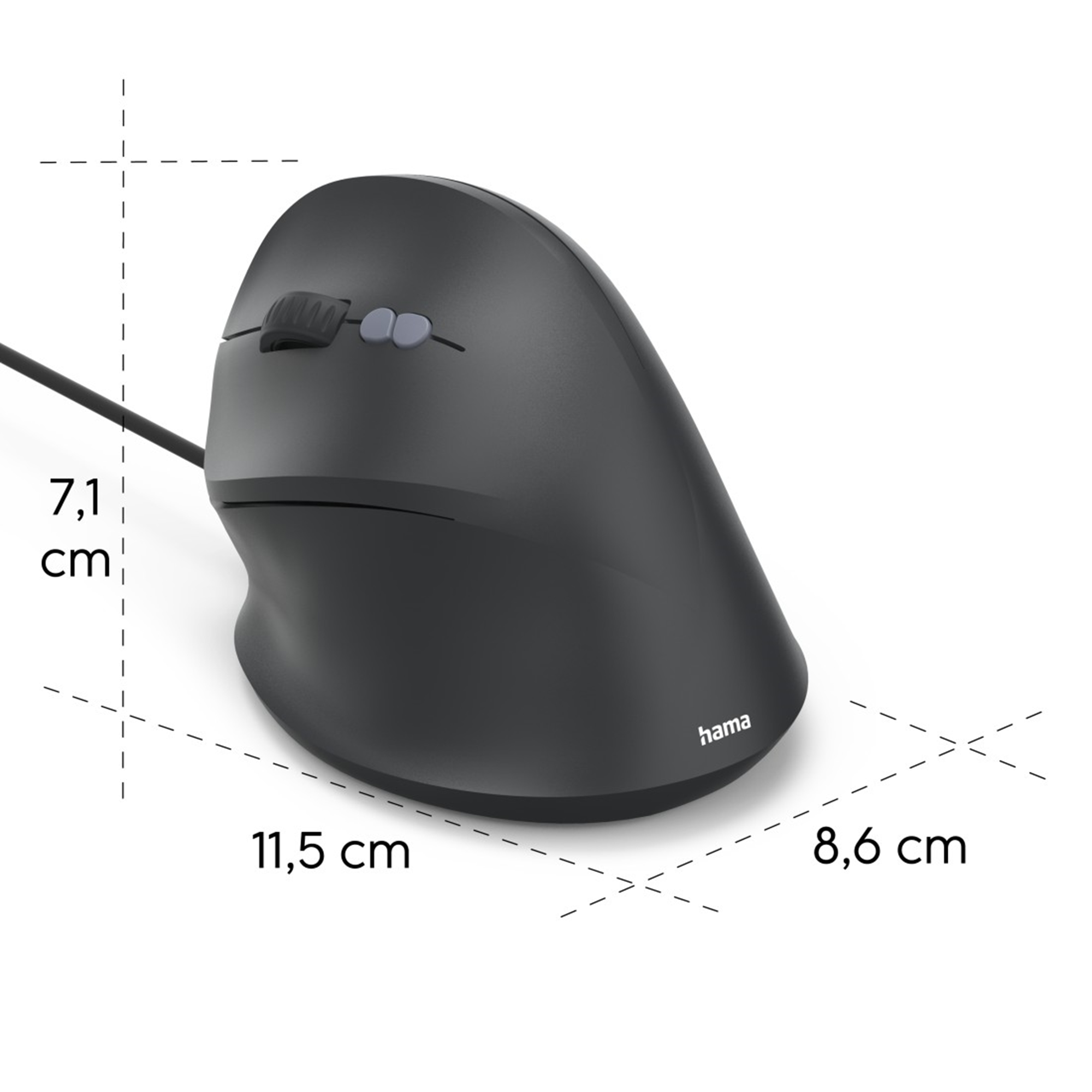Ratón ergonómico negro con dimensiones de 11,5 cm x 8,6 cm x 7,1 cm, y la marca 'hama'.
