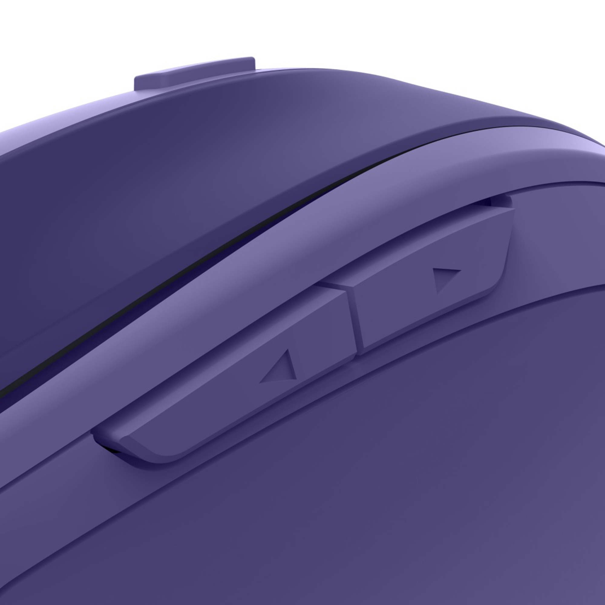 Primo piano di un mouse viola. Il mouse ha dei pulsanti laterali.