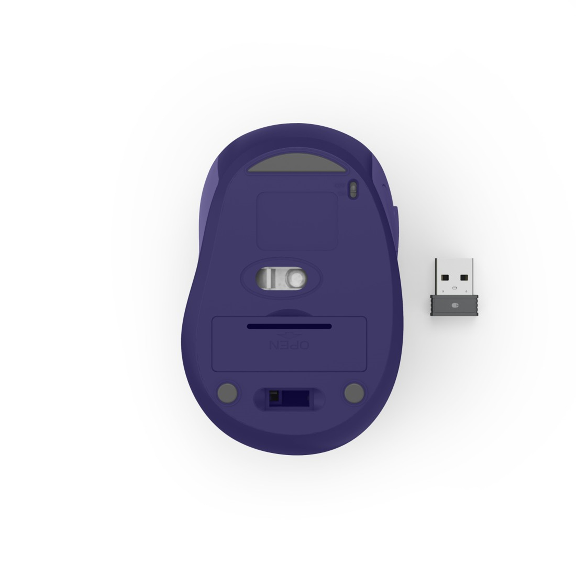 Un mouse blu per computer è su una superficie bianca con un ricevitore USB. La parte inferiore del mouse è visibile, mostrando uno slot aperto.