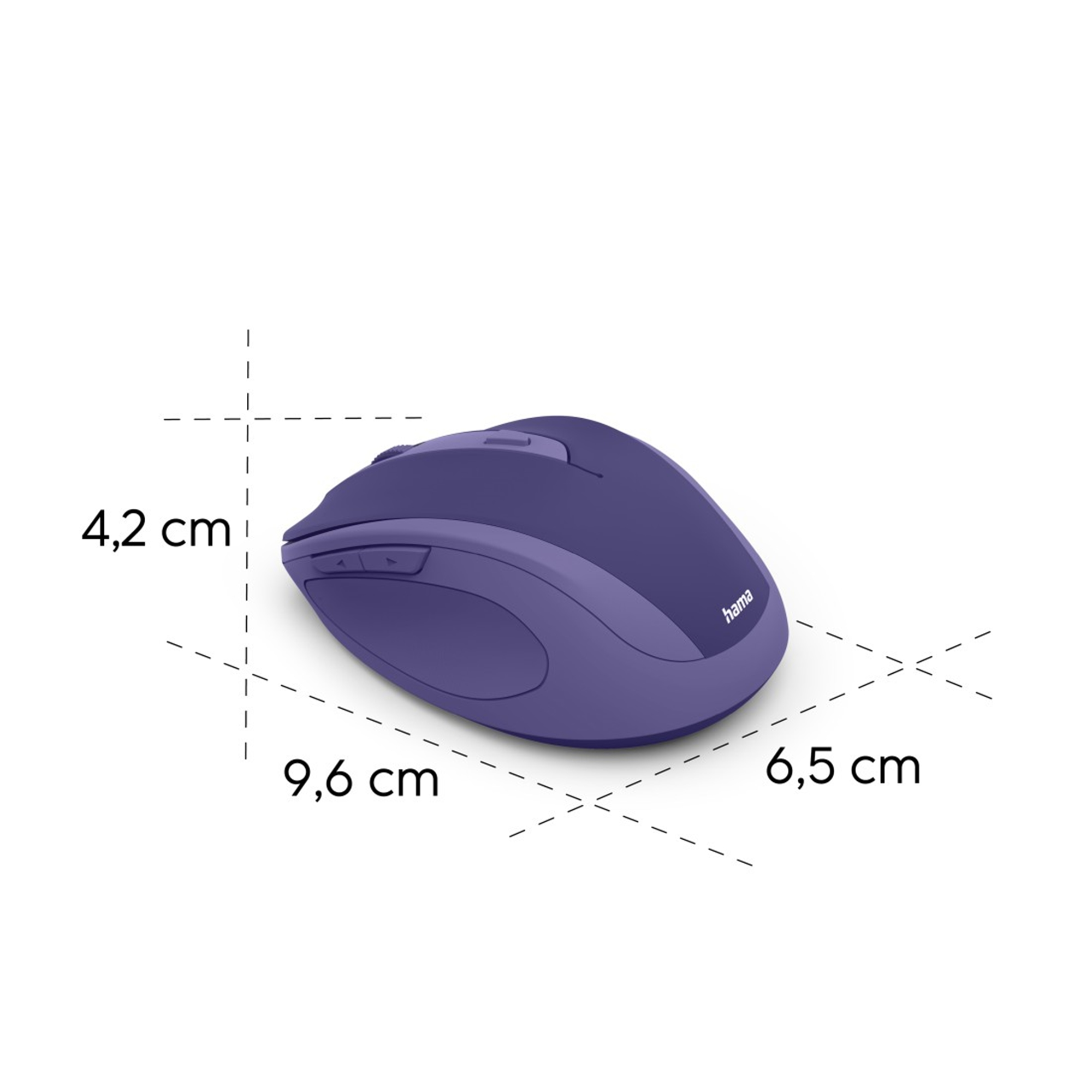 Un mouse wireless Hama viola con dimensioni indicate. Il mouse è su sfondo bianco.