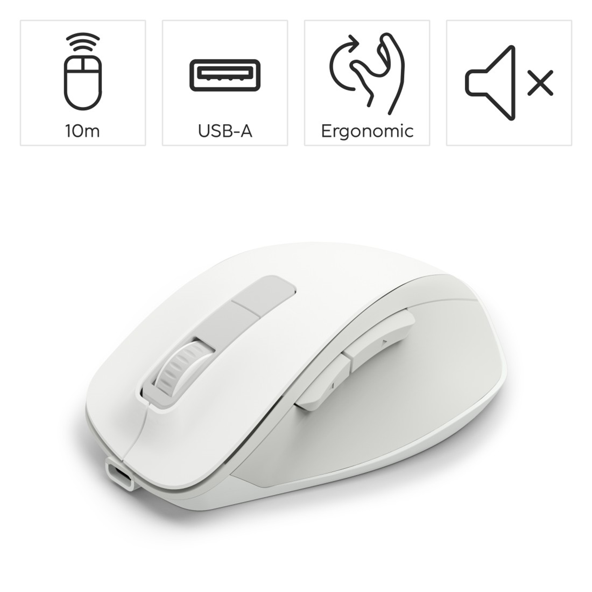 Eine weiße ergonomische Computermaus mit Tasten und Scrollrad. Symbole oben zeigen drahtlos, USB-A, ergonomisches Design und Stummschaltung.