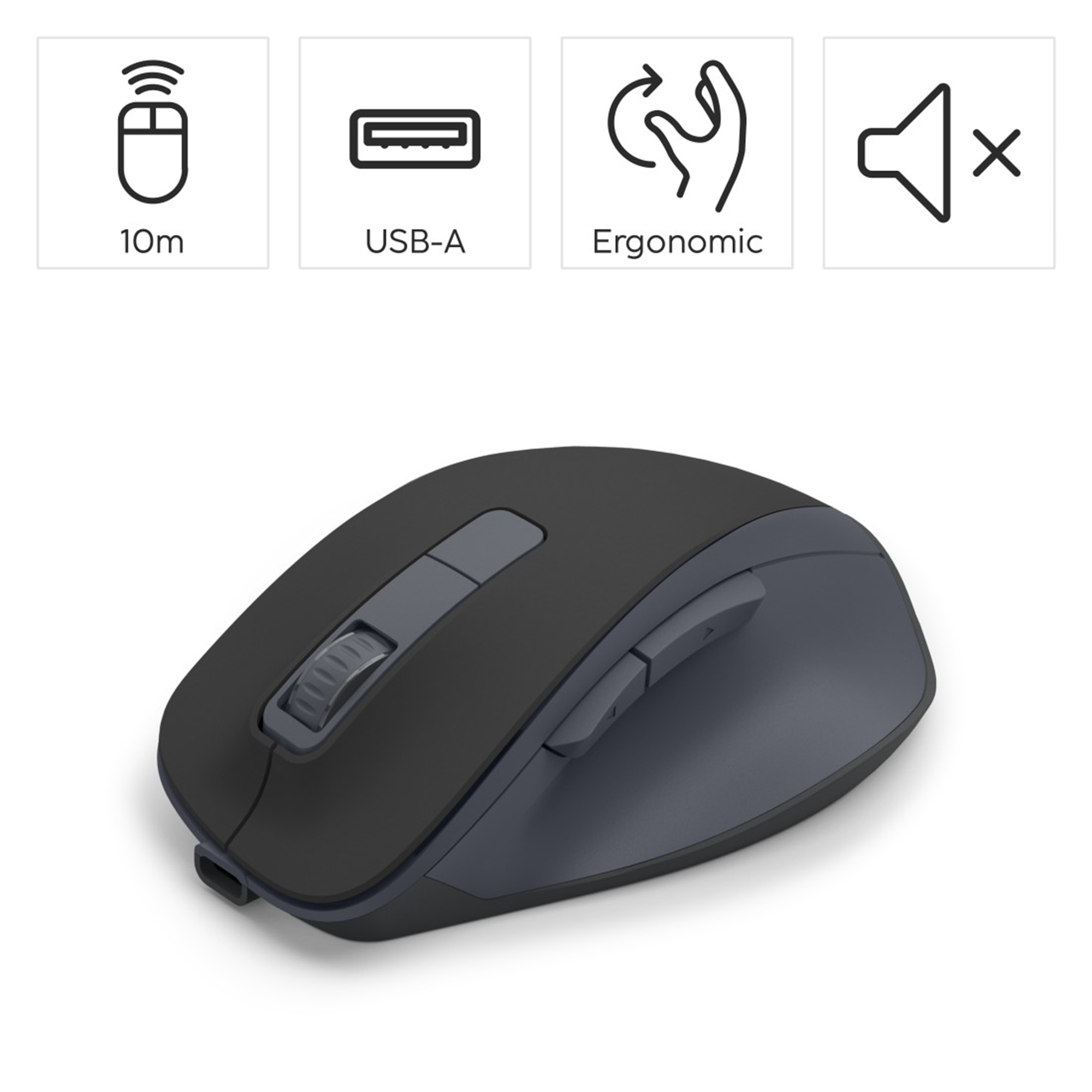 Un mouse ergonomico wireless nero e grigio. Caratteristiche: portata 10 m, USB-A e icona mute.