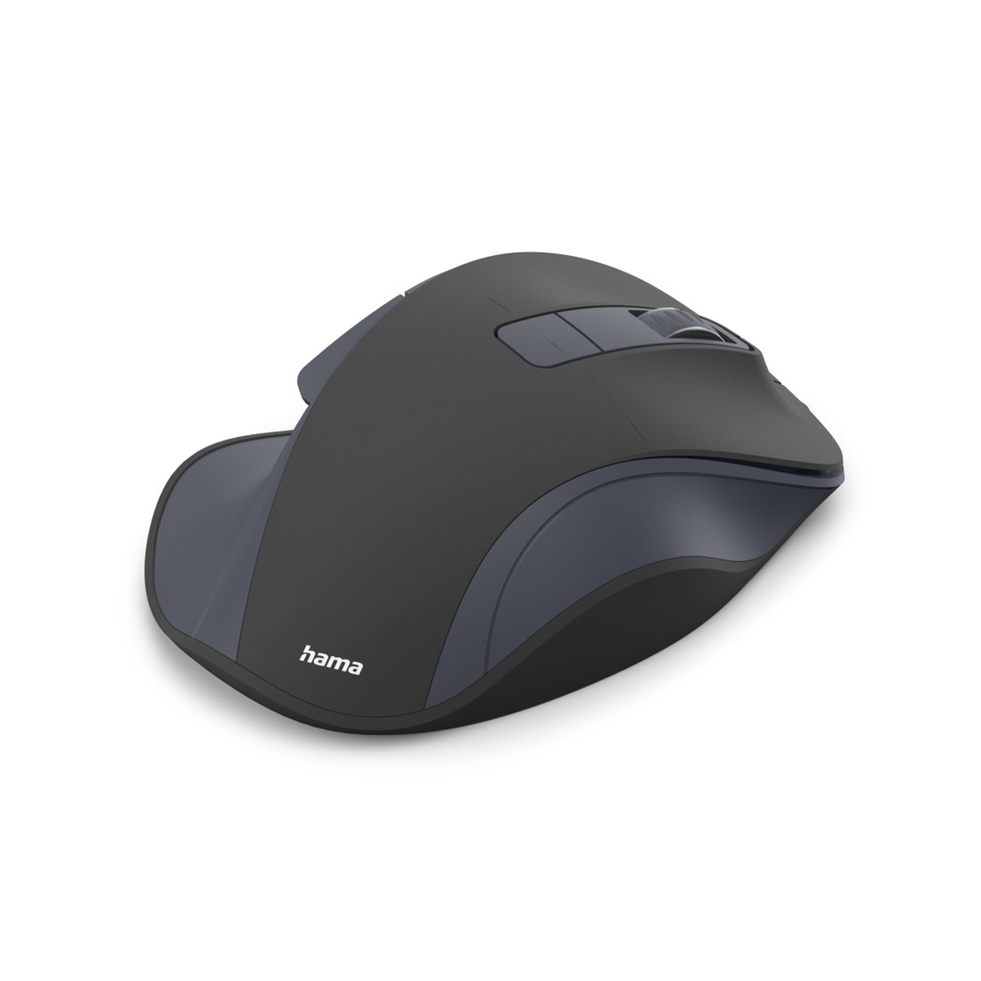 Un mouse ergonomico grigio su sfondo bianco. Il marchio 'hama' è visibile.