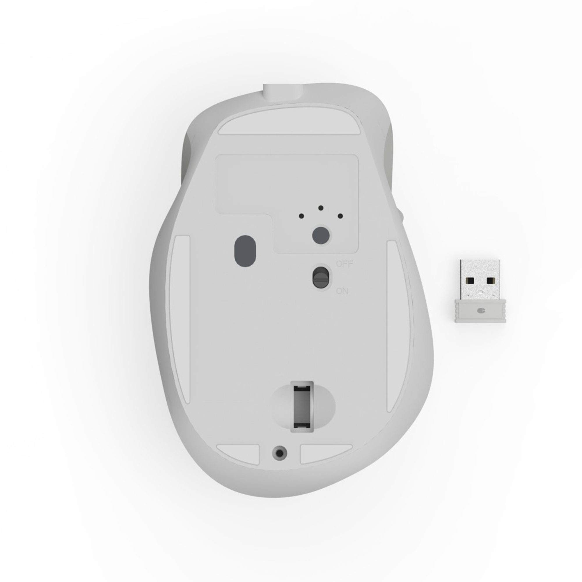 Unterseite einer weißen drahtlosen Maus mit USB-Empfänger. Zeigt den Ein-/Ausschalter und den Ladeanschluss.