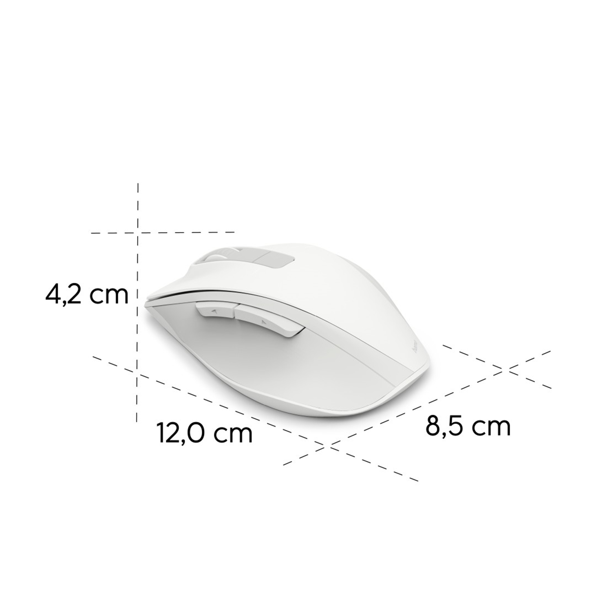 Eine weiße Computermaus mit den angegebenen Abmessungen: 12,0 cm, 8,5 cm und 4,2 cm. Sie hat Knöpfe und ein Scrollrad.