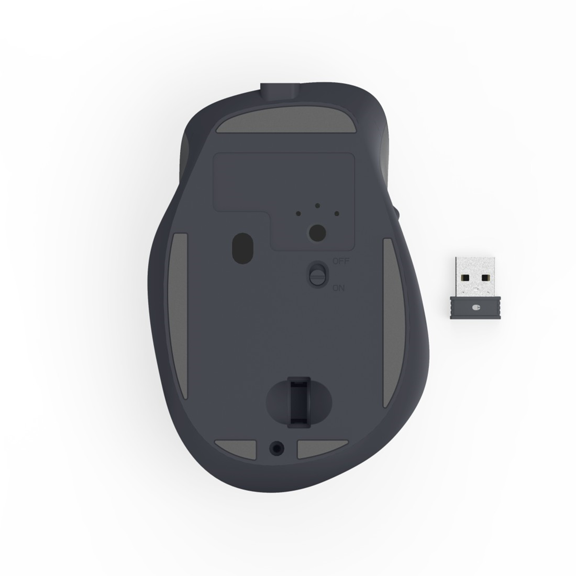 Vista inferiore di un mouse wireless e ricevitore USB su sfondo bianco. Il mouse è grigio scuro.
