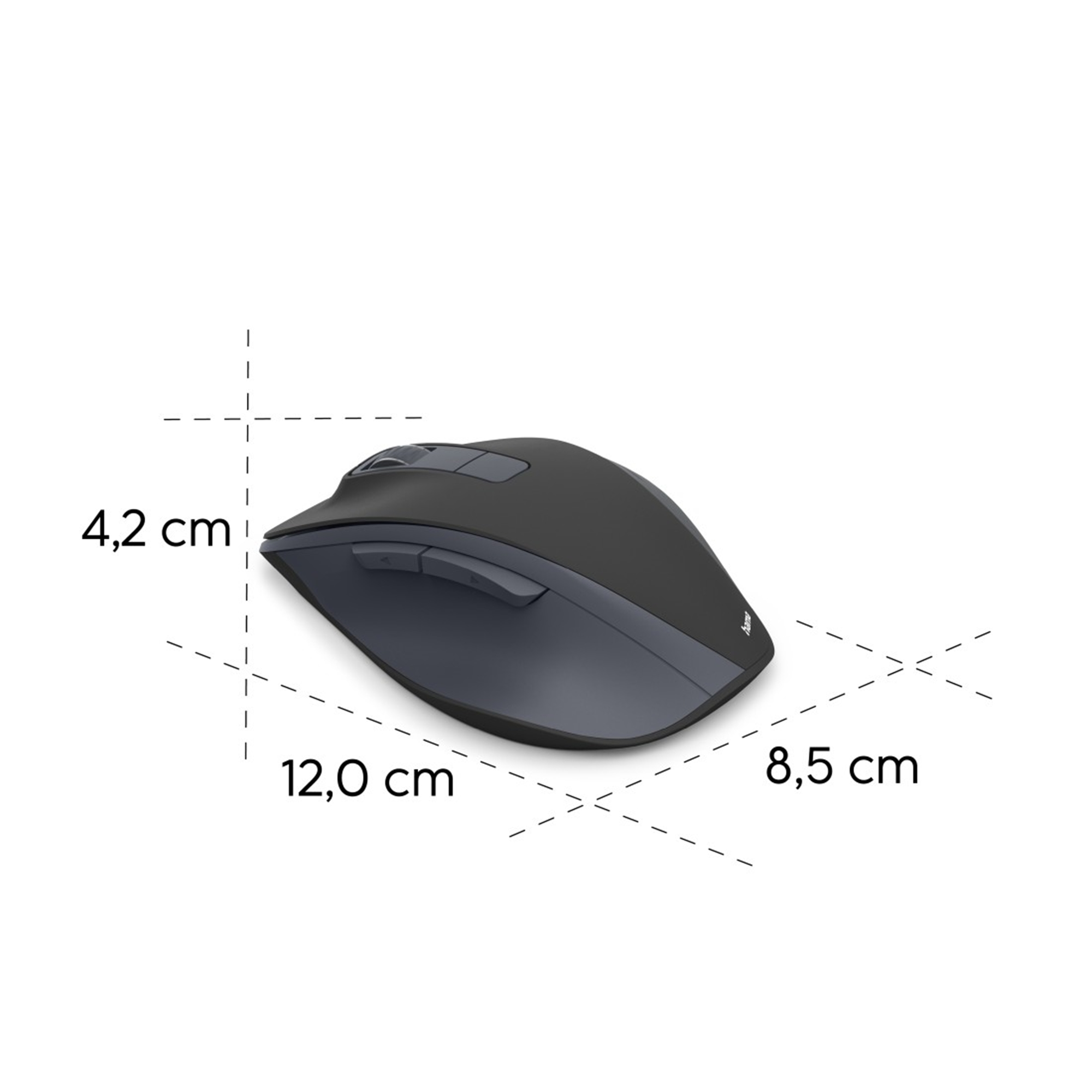 Un mouse Logitech grigio scuro su sfondo bianco. Le dimensioni sono 12,0 cm x 8,5 cm x 4,2 cm. Ha diversi pulsanti.