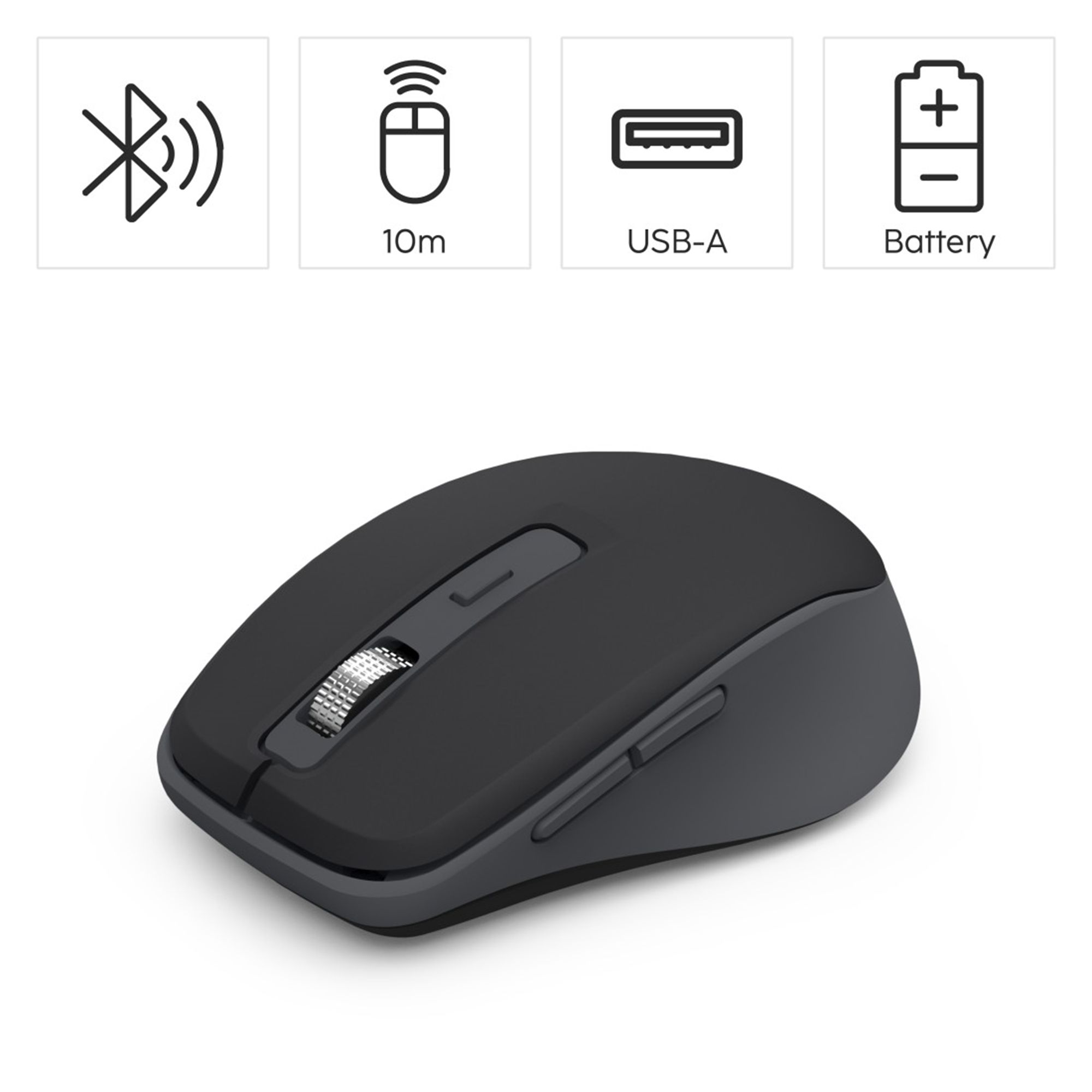 Eine schwarze kabellose Maus mit Scrollrad, USB-A, Batterie- und Bluetooth-Symbolen darüber.