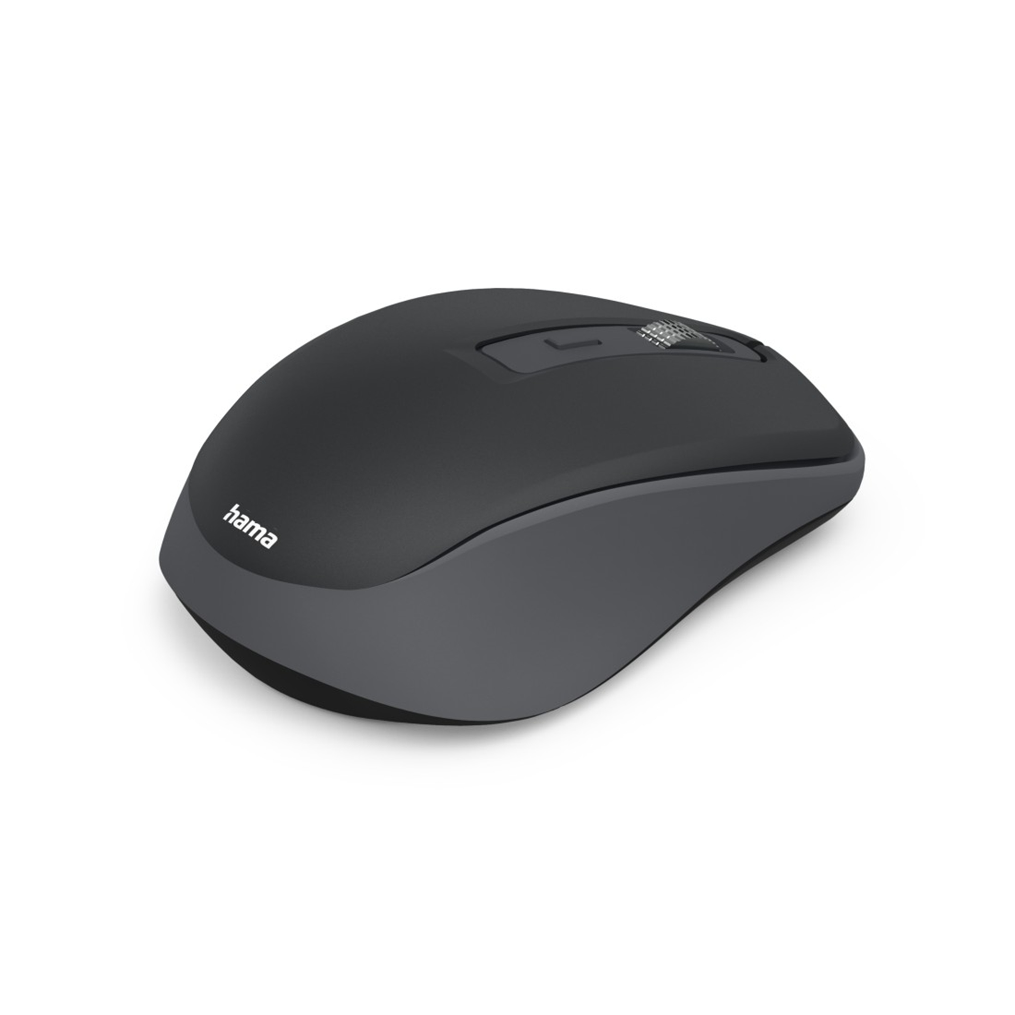Eine graue, kabellose Computermaus mit Scrollrad und dem Markennamen 'hama'.
