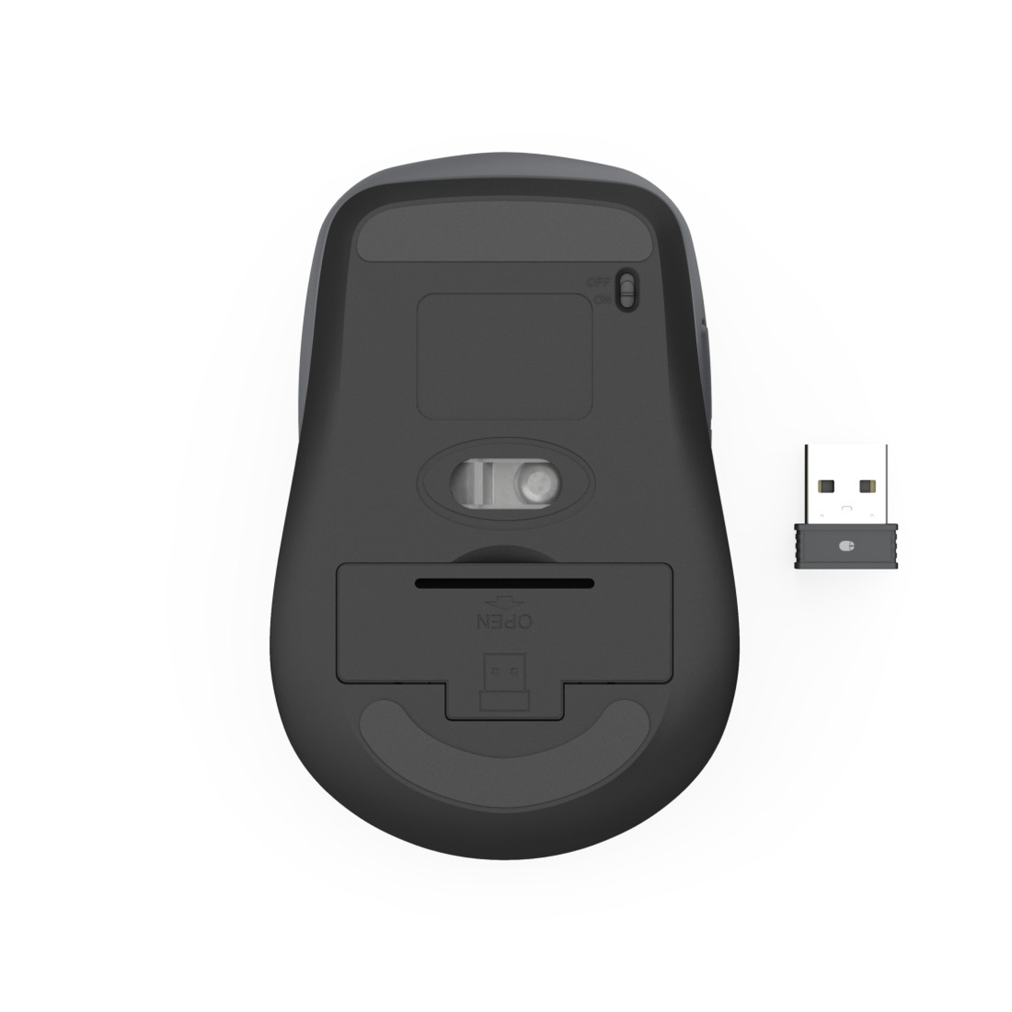 Schwarze Computermaus mit USB-Empfänger. Die Unterseite der Maus ist sichtbar, mit Batteriefach.