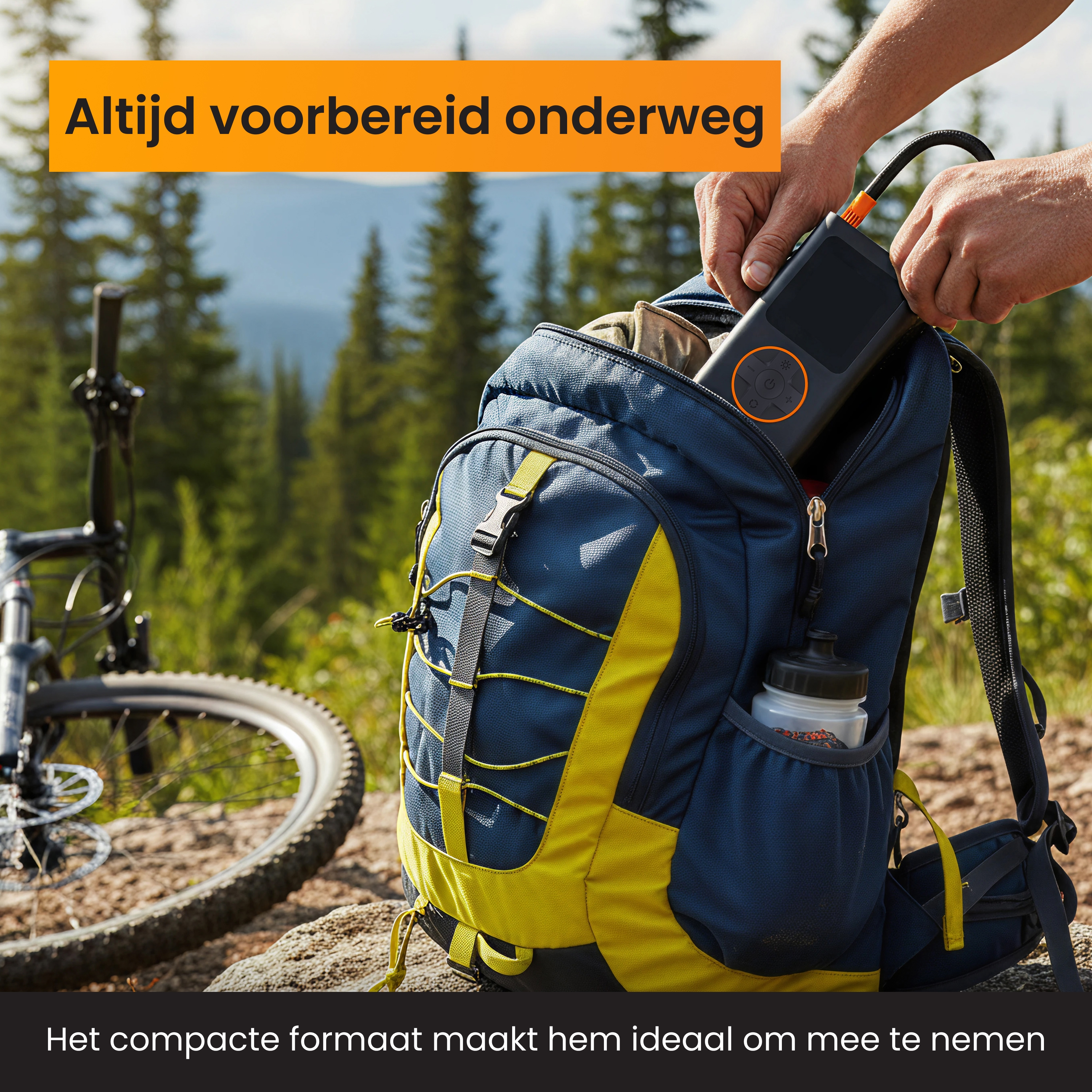A person removes a black device from a blue backpack. A bicycle is in the background. Green trees and mountains are visible.