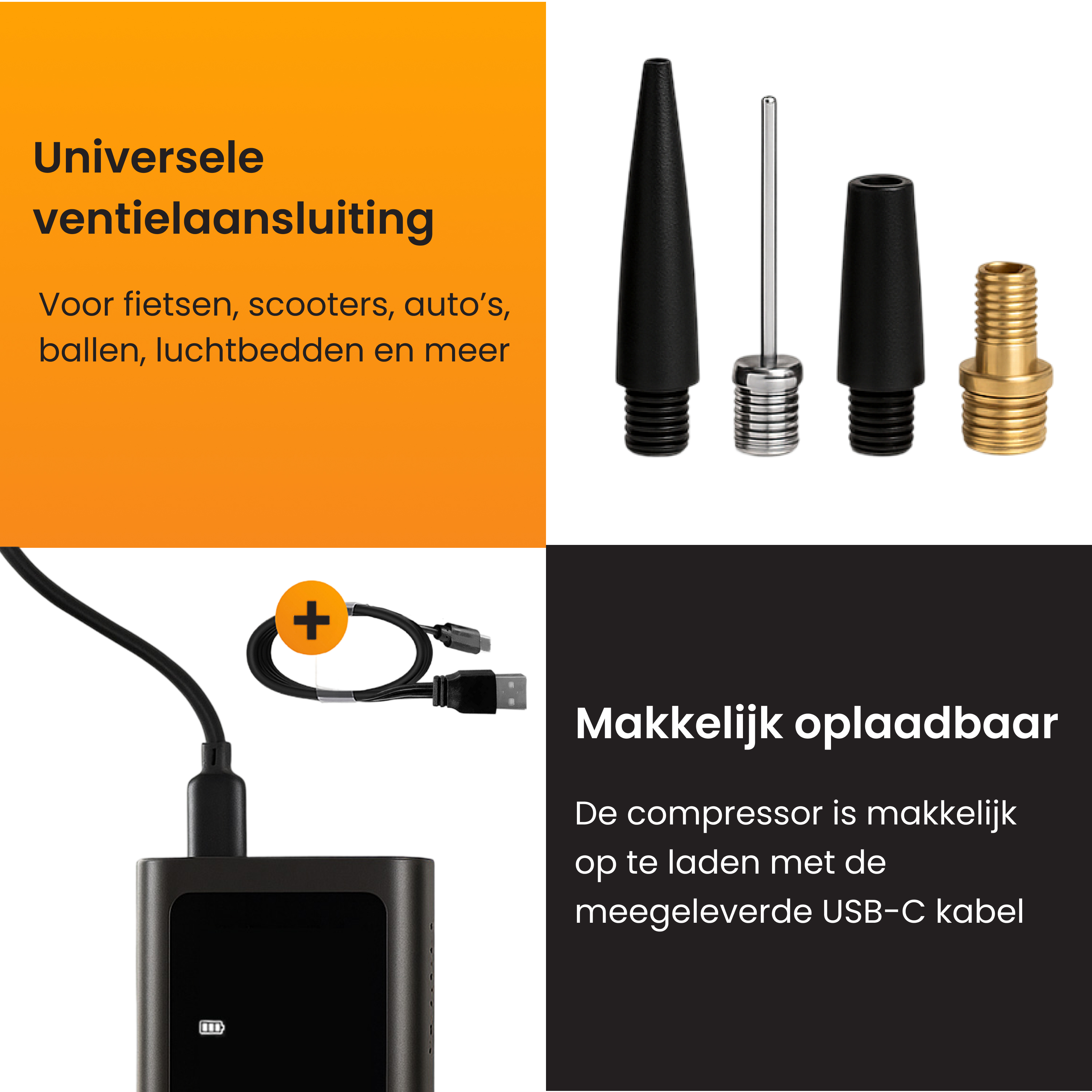 Image shows inflation nozzles, a charging port, and text about universal valve connection and easy charging.
