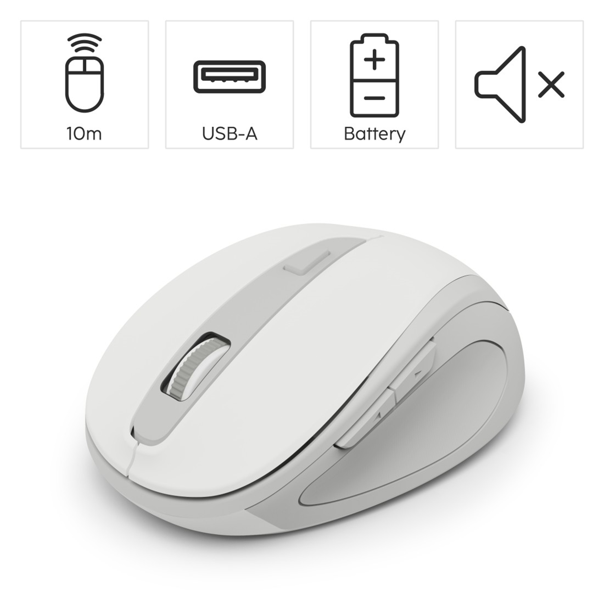 Eine weiße und graue kabellose Computermaus mit Scrollrad und Tasten. Symbole für Reichweite, USB-A, Akku und Stummschaltung sind oben.