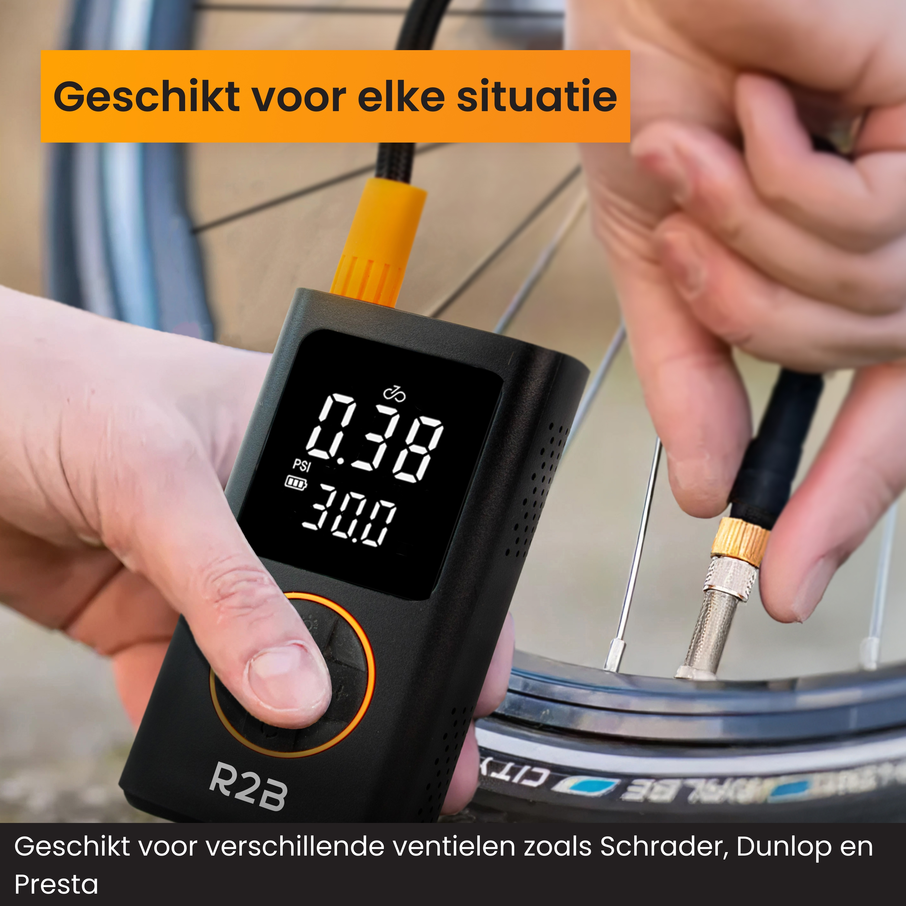 A person inflating a bicycle tire with a black digital pump, displaying 0.38 PSI, and 30.0.