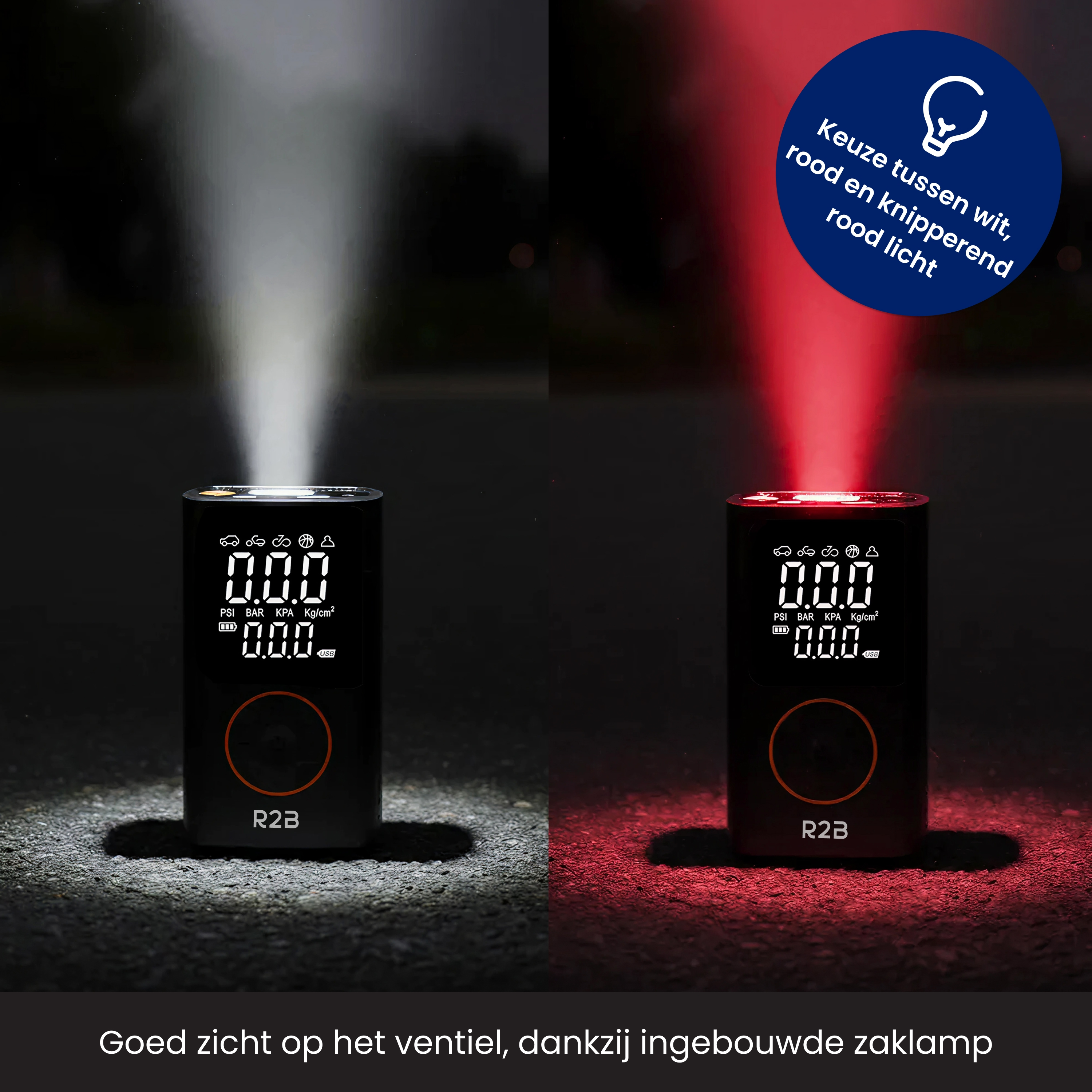 Image shows an air pump with white and red light options. The pump displays pressure readings. A blue circle has text.