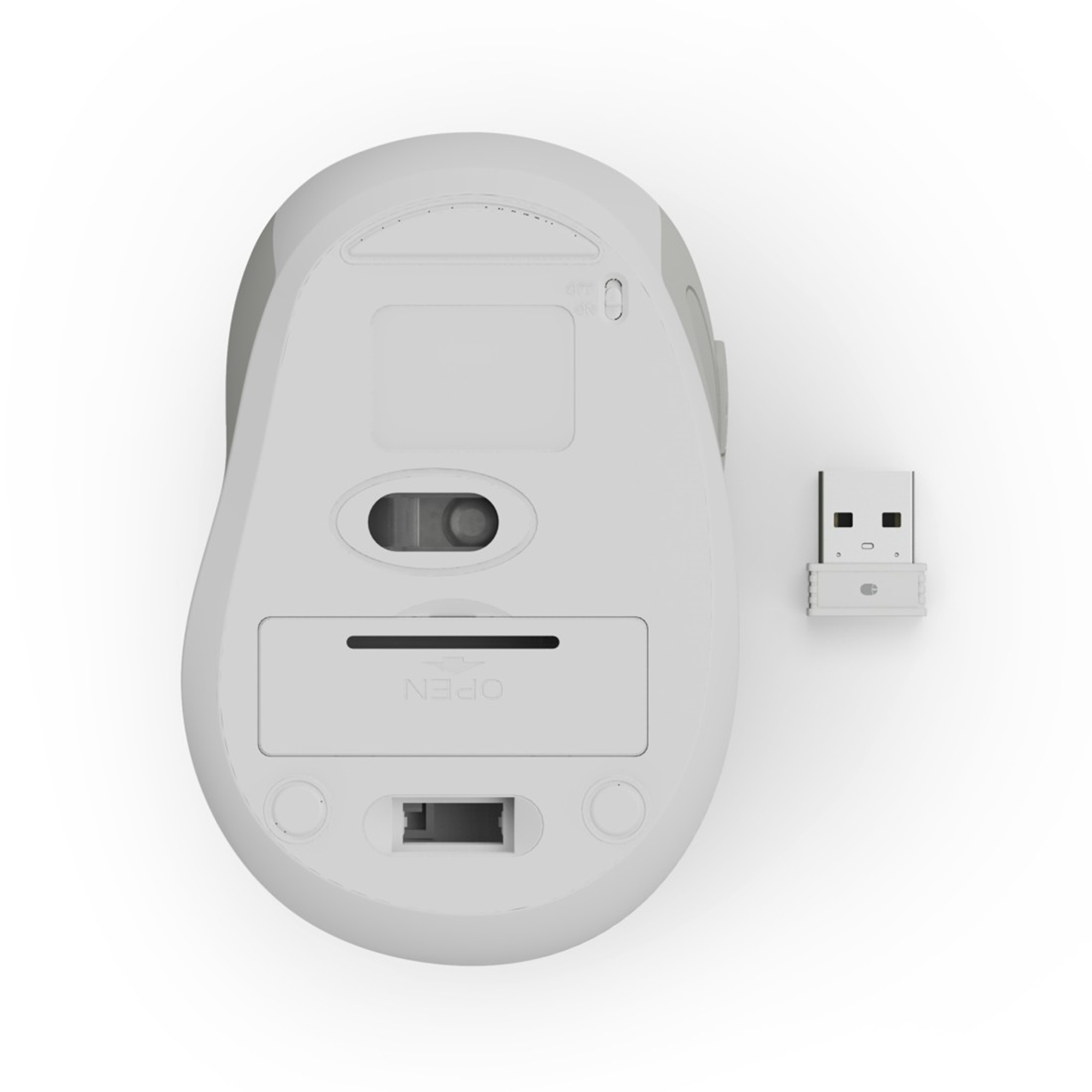 Draufsicht auf eine weiße, kabellose Maus und einen USB-Empfänger auf weißem Untergrund.