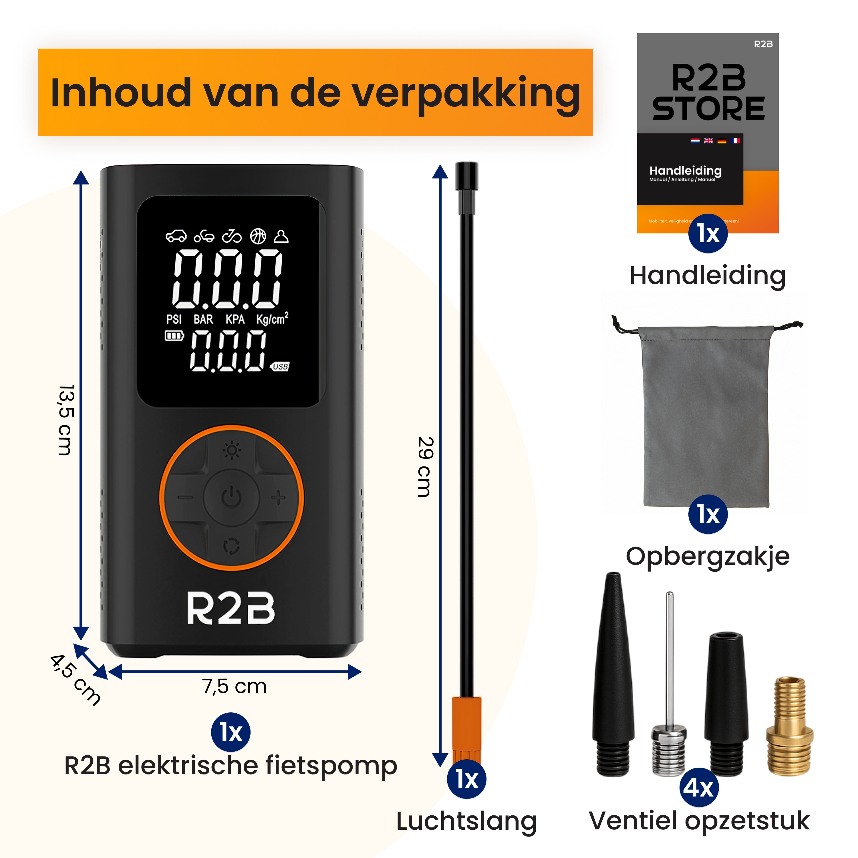 L'image montre une pompe à vélo électrique avec accessoires, dont un manuel, un sac de rangement et divers embouts de valve.