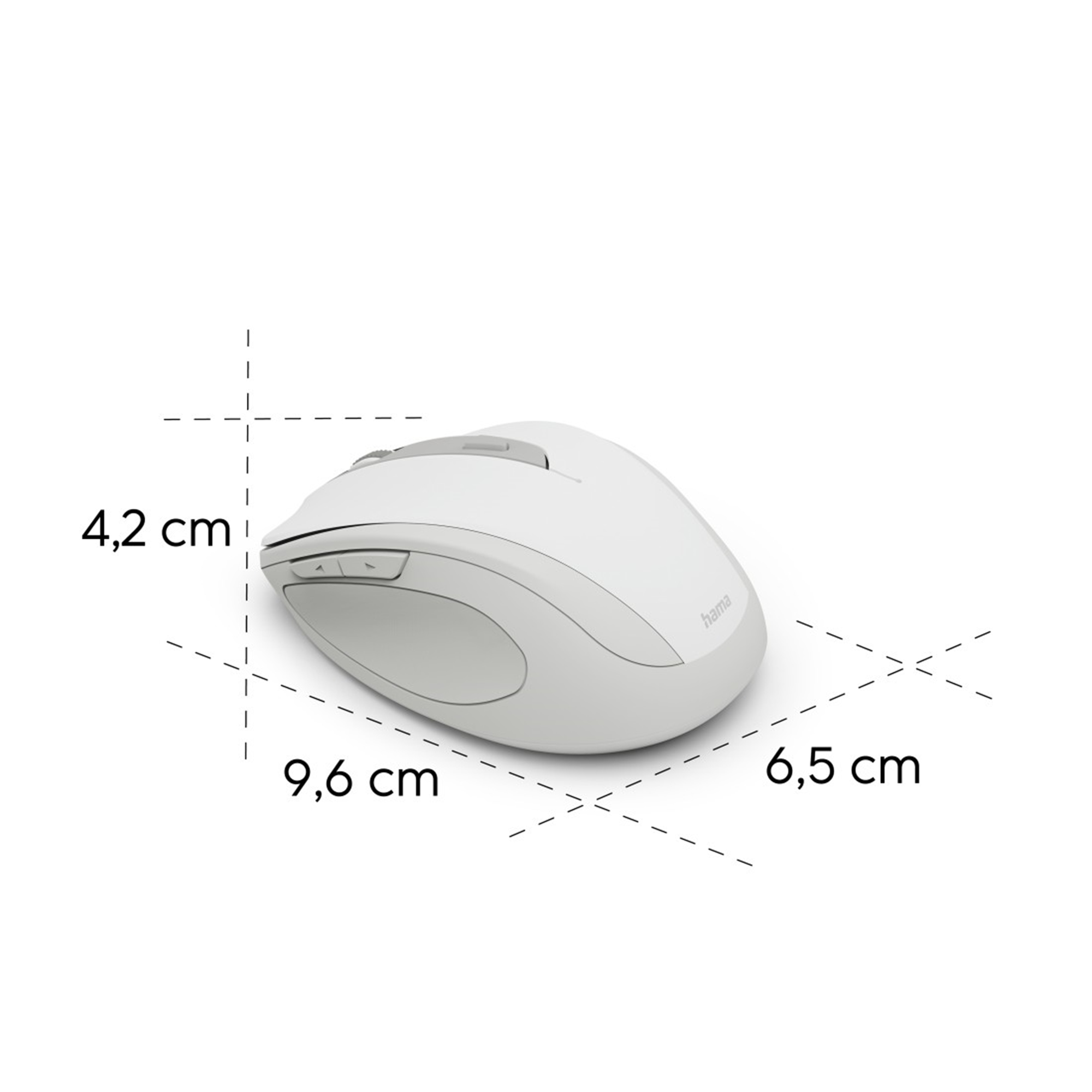 Eine weiße und graue drahtlose Computermaus mit markierten Abmessungen. Die Maus befindet sich auf weißem Hintergrund.