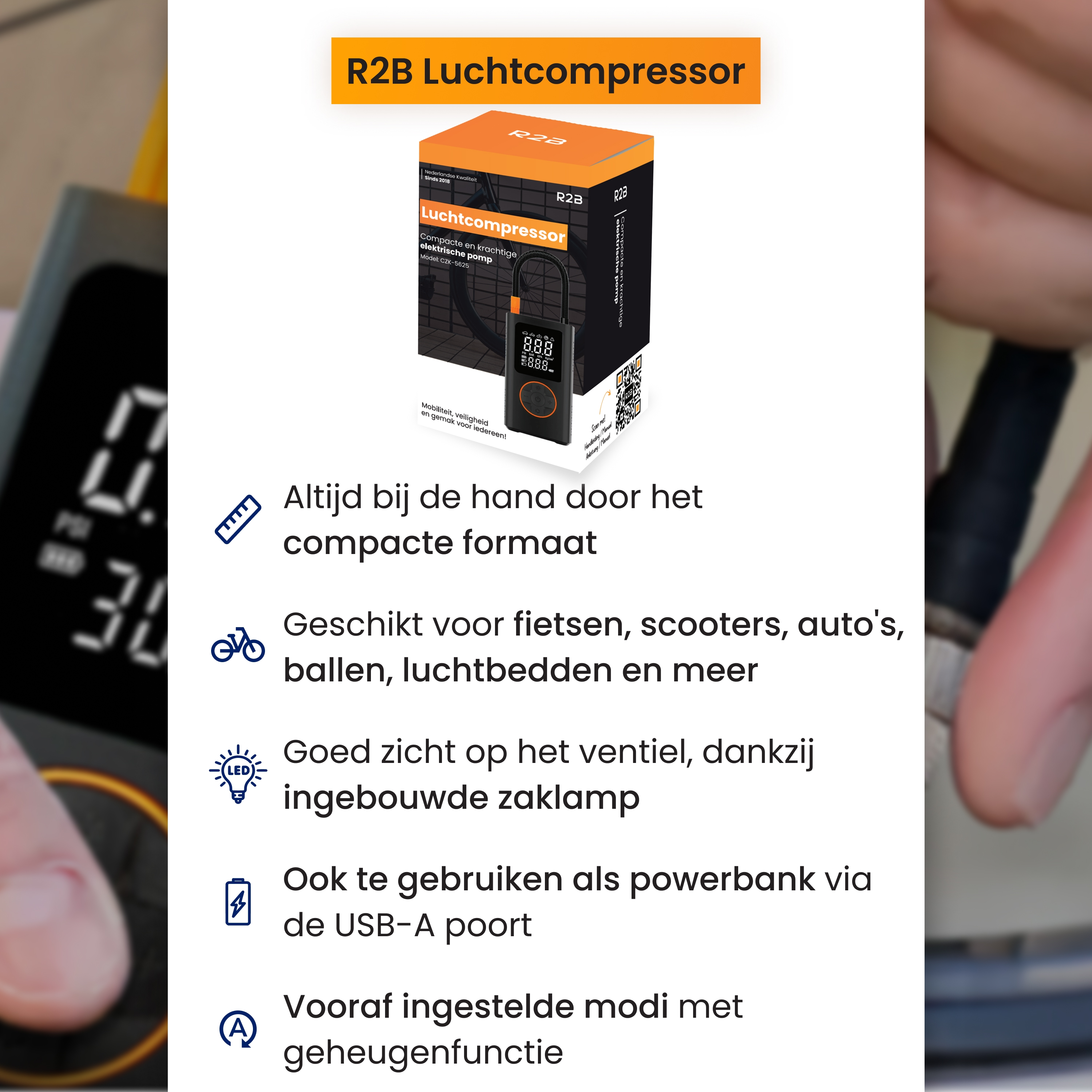 An air compressor product box, a digital display, and a hand holding the device.