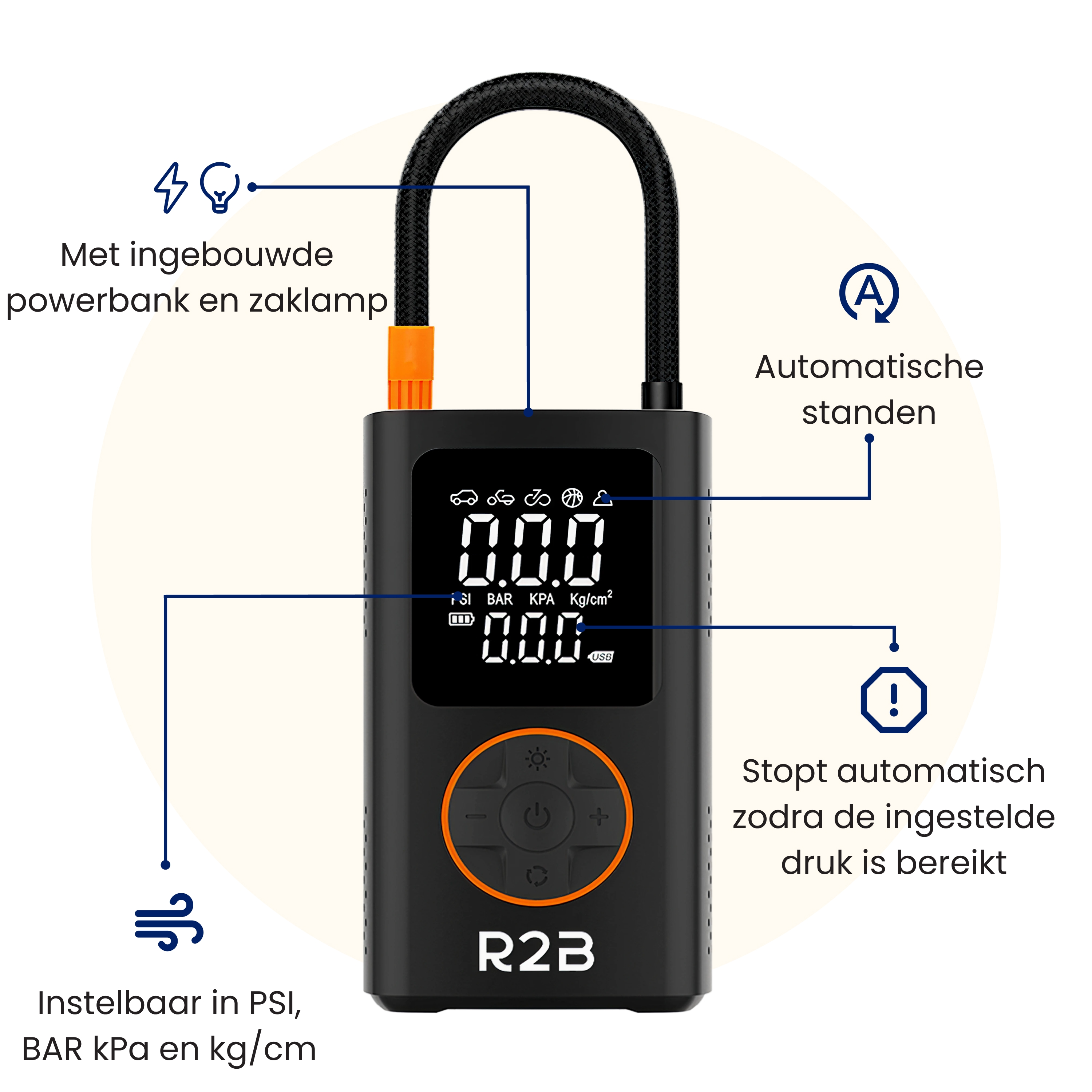 Black air pump with digital display showing pressure. Features include automatic stop, built-in power bank, and adjustable settings.