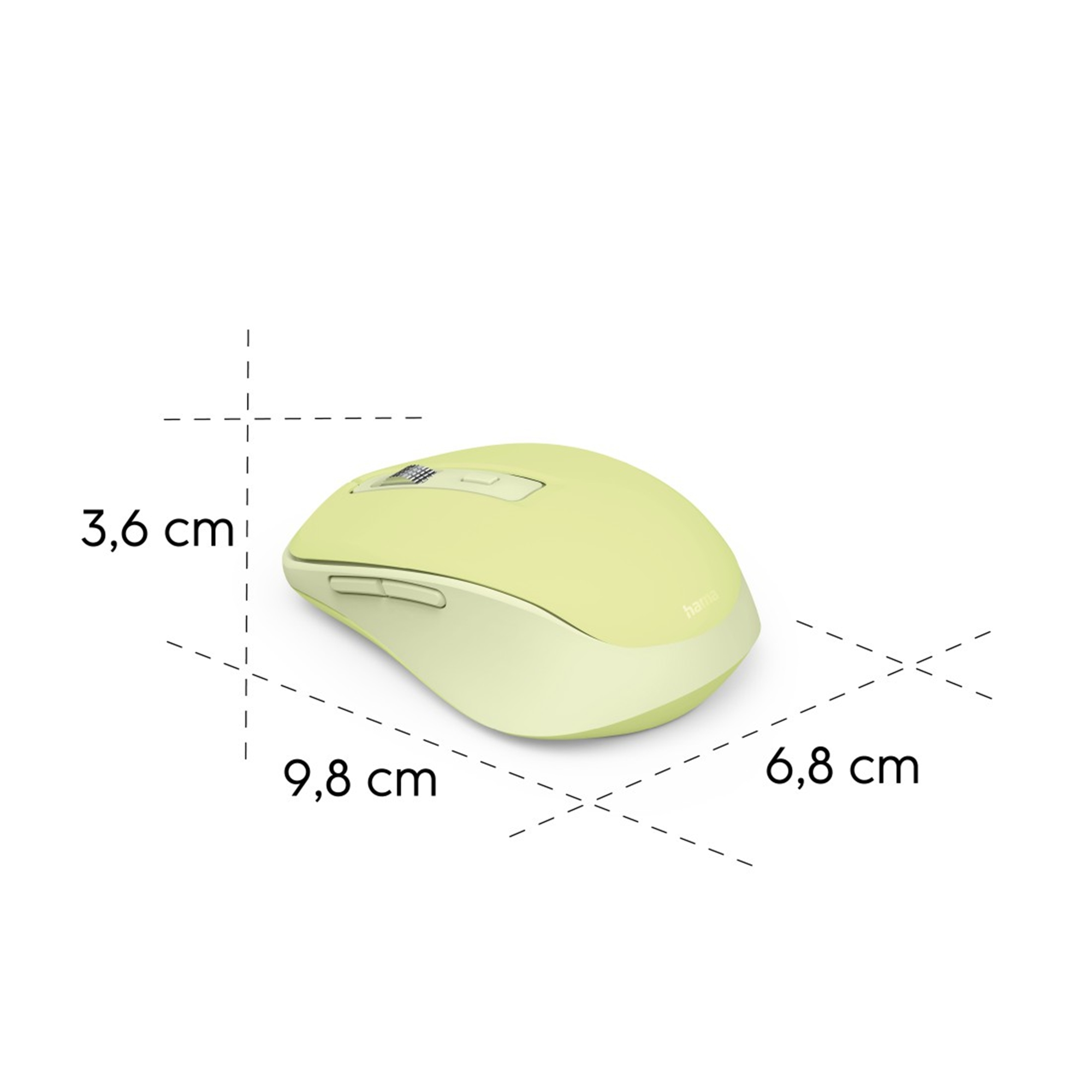 Eine hellgrüne kabellose Maus auf weißem Hintergrund. Abmessungen sind angegeben: 9,8 cm, 6,8 cm und 3,6 cm.