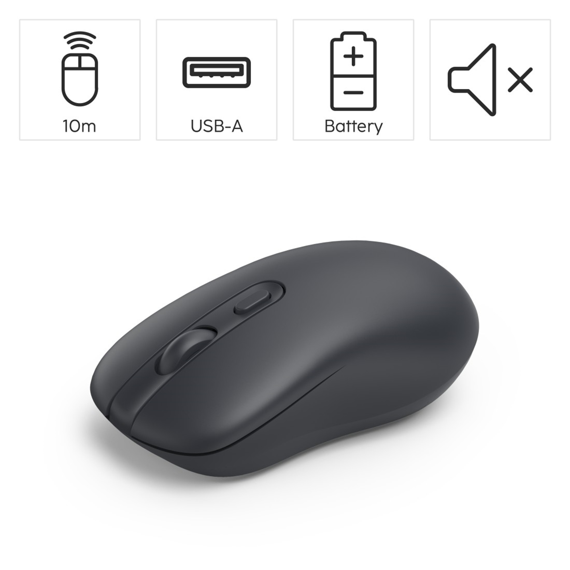 Ciemnoszara mysz bezprzewodowa. Ikony u góry pokazują zasięg bezprzewodowy, USB-A, baterię i wyciszenie. Białe tło.