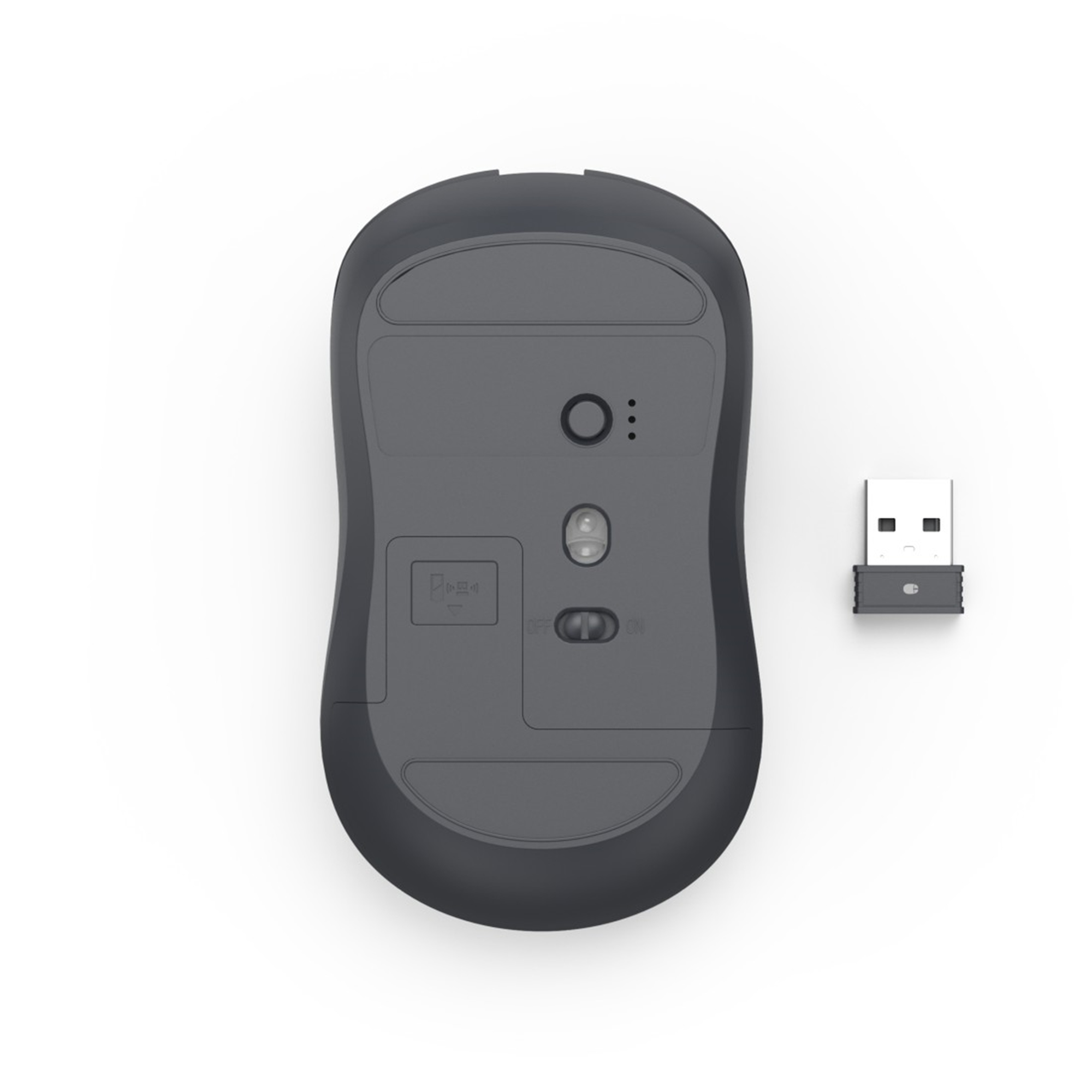 Szara mysz bezprzewodowa z odbiornikiem USB na białym tle. Widoczny spód myszy.